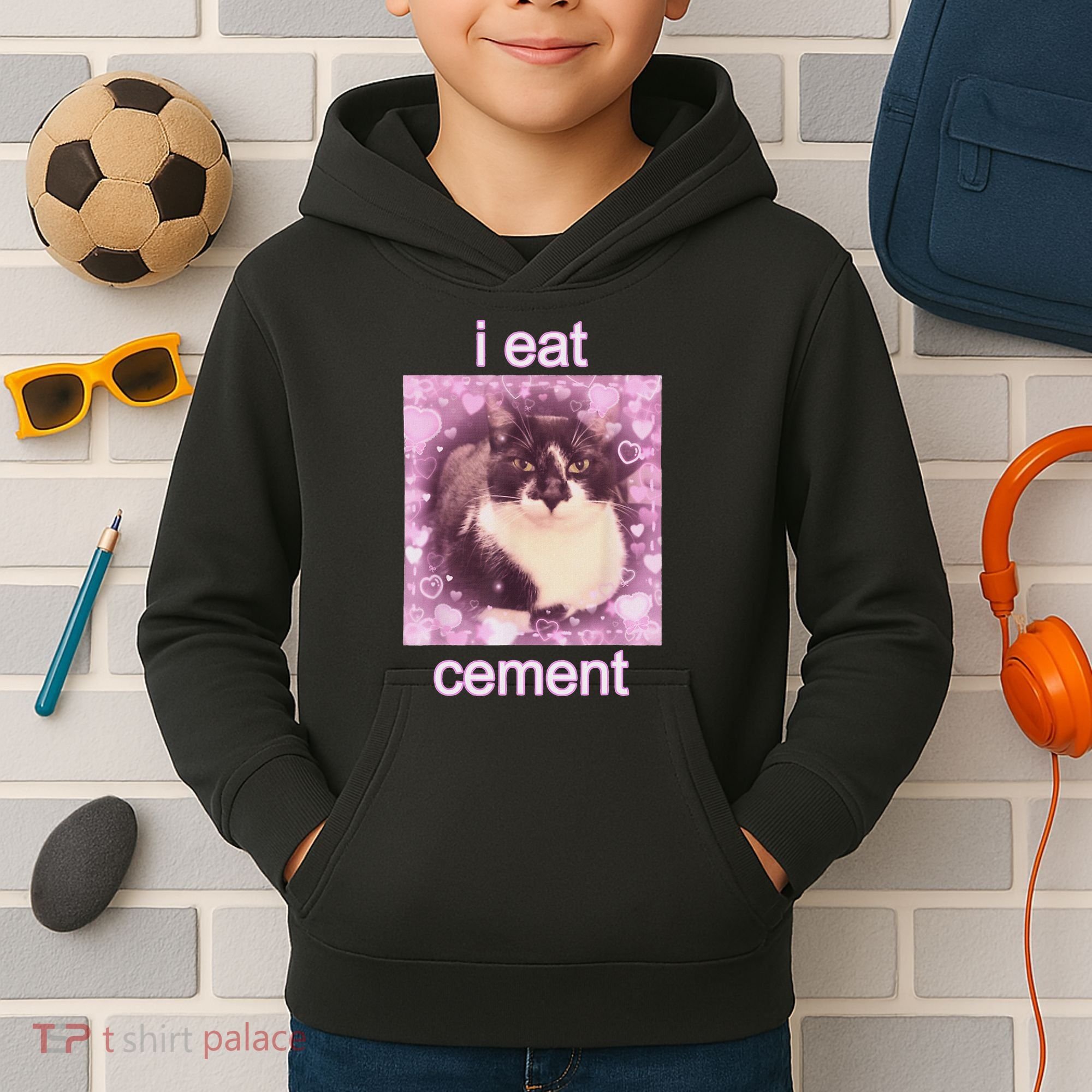 I Eat Cement Cursed Cat Funny Oddly Specific Dank Meme Kids Hoodie