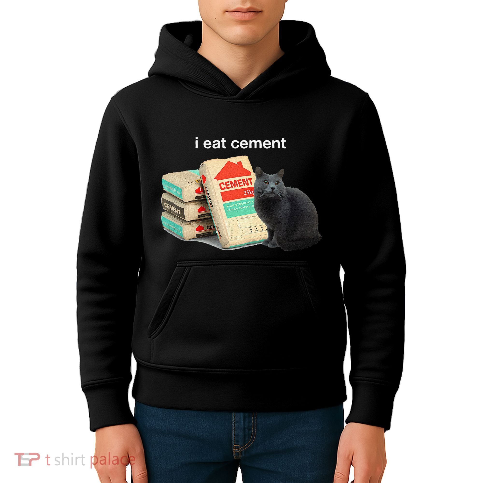 I Eat Cement Cursed Black Cat Funny Dank Meme Kids Hoodie