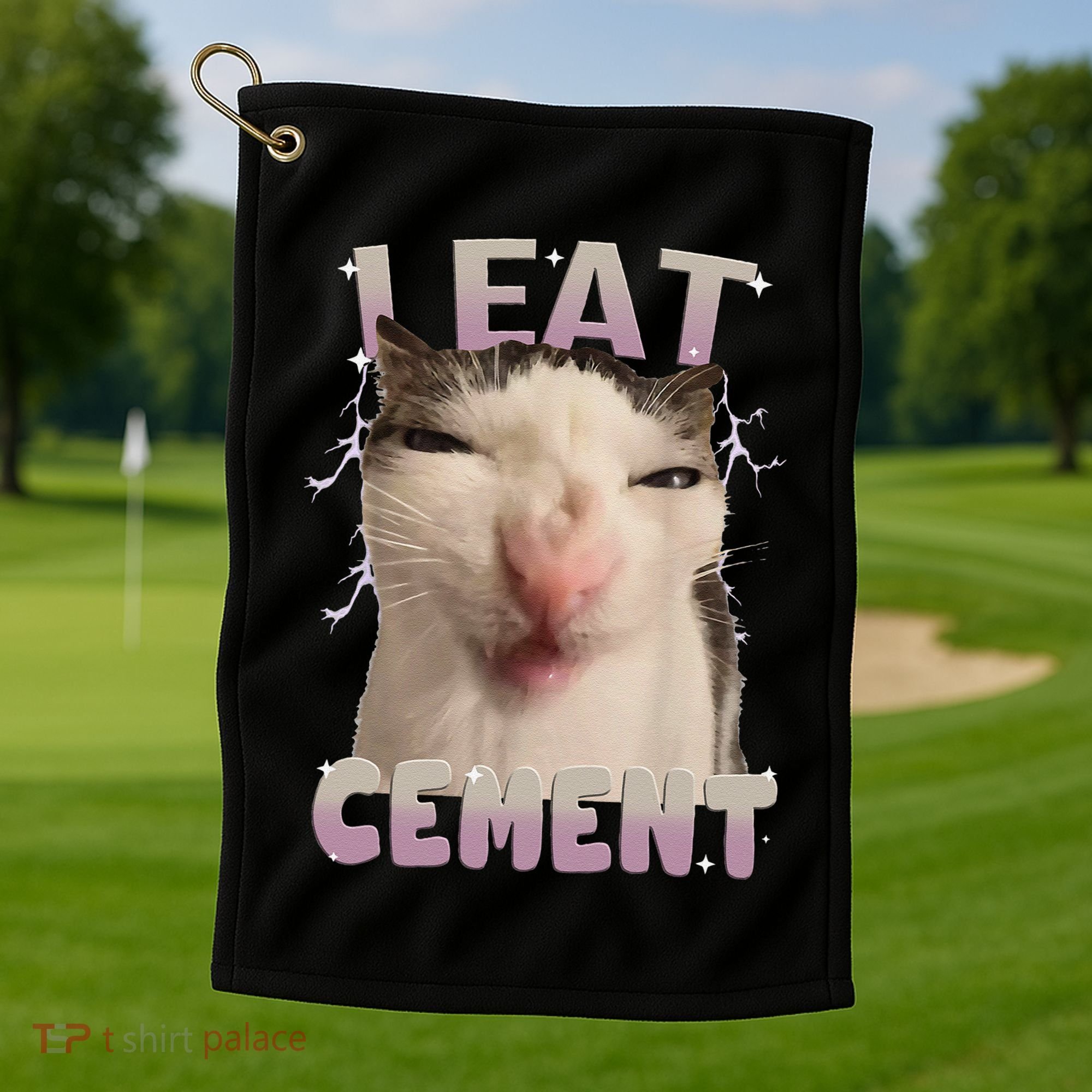 I Eat Cement Cursed Cat Funny Oddly Specific Dank Meme Golf Towel