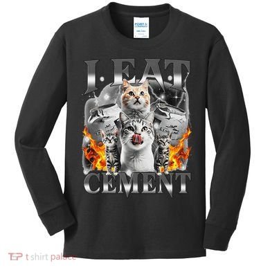 I Eat Cement Cursed Cat Funny Oddly Specific Dank Meme Cat Kids Long Sleeve Shirt