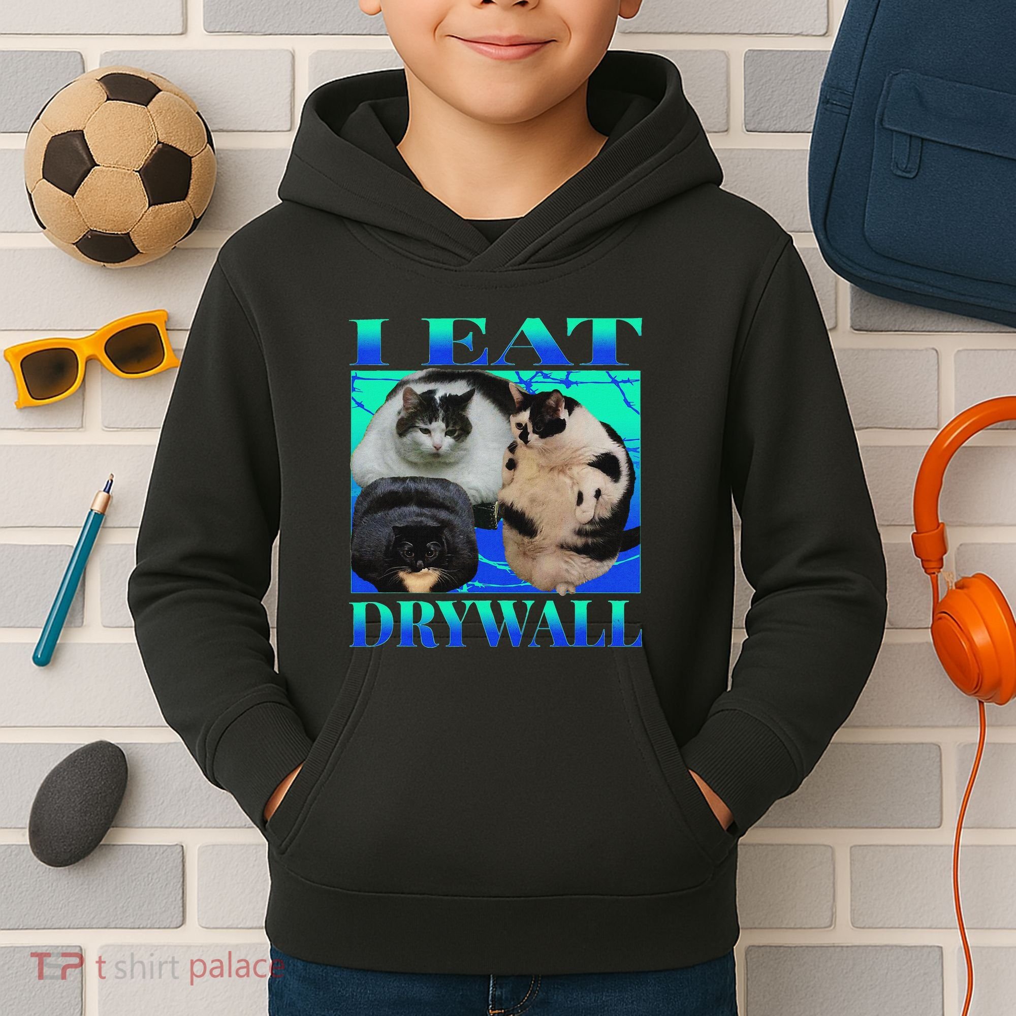 I Eat Drywall Funny Fat Cats Funny Hard Cat Silly Meme Kids Hoodie