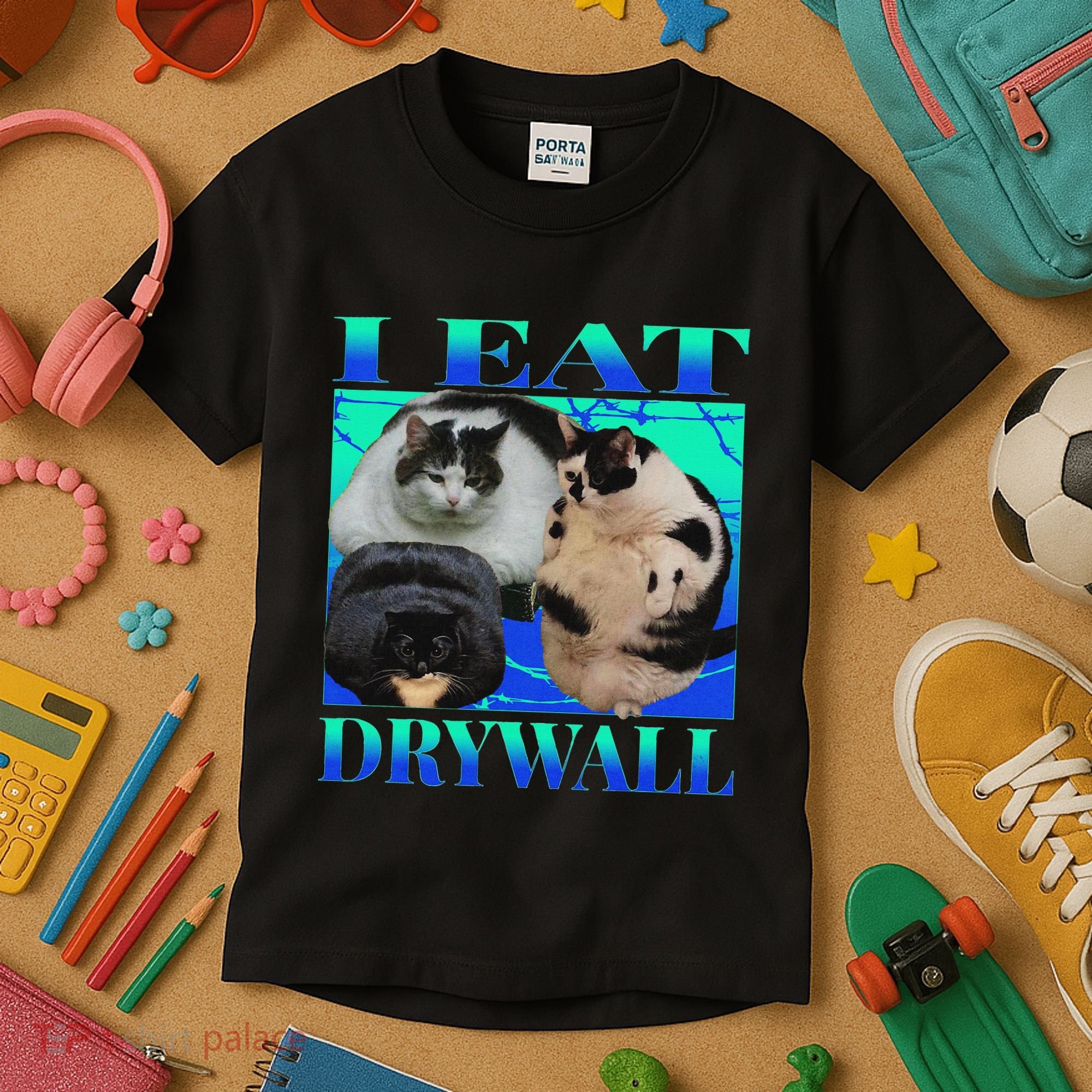 I Eat Drywall Funny Fat Cats Funny Hard Cat Silly Meme Kids T-Shirt