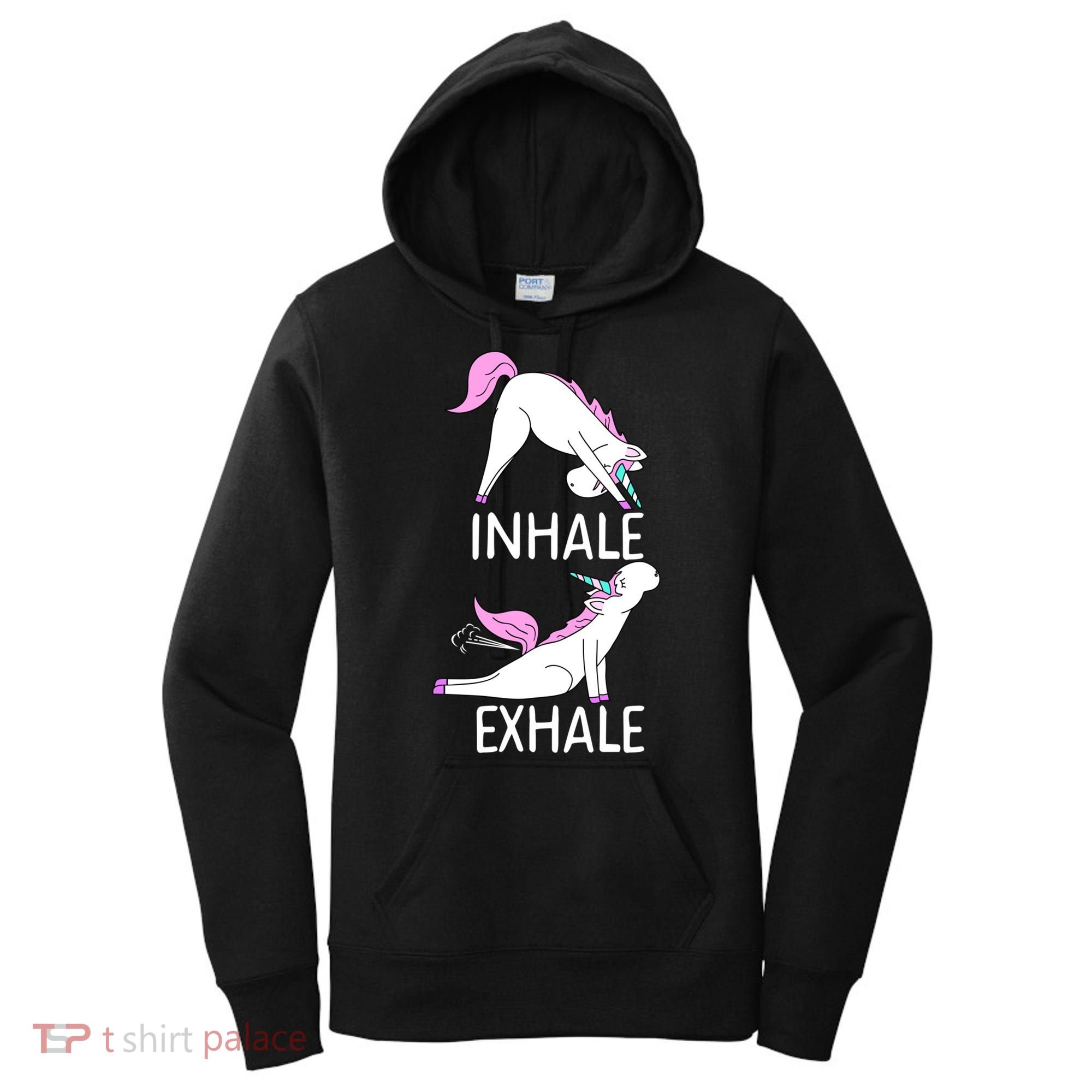 Inhale Exhale Funny Farting Unicorn Yoga Meme Gift Women's Hoodie