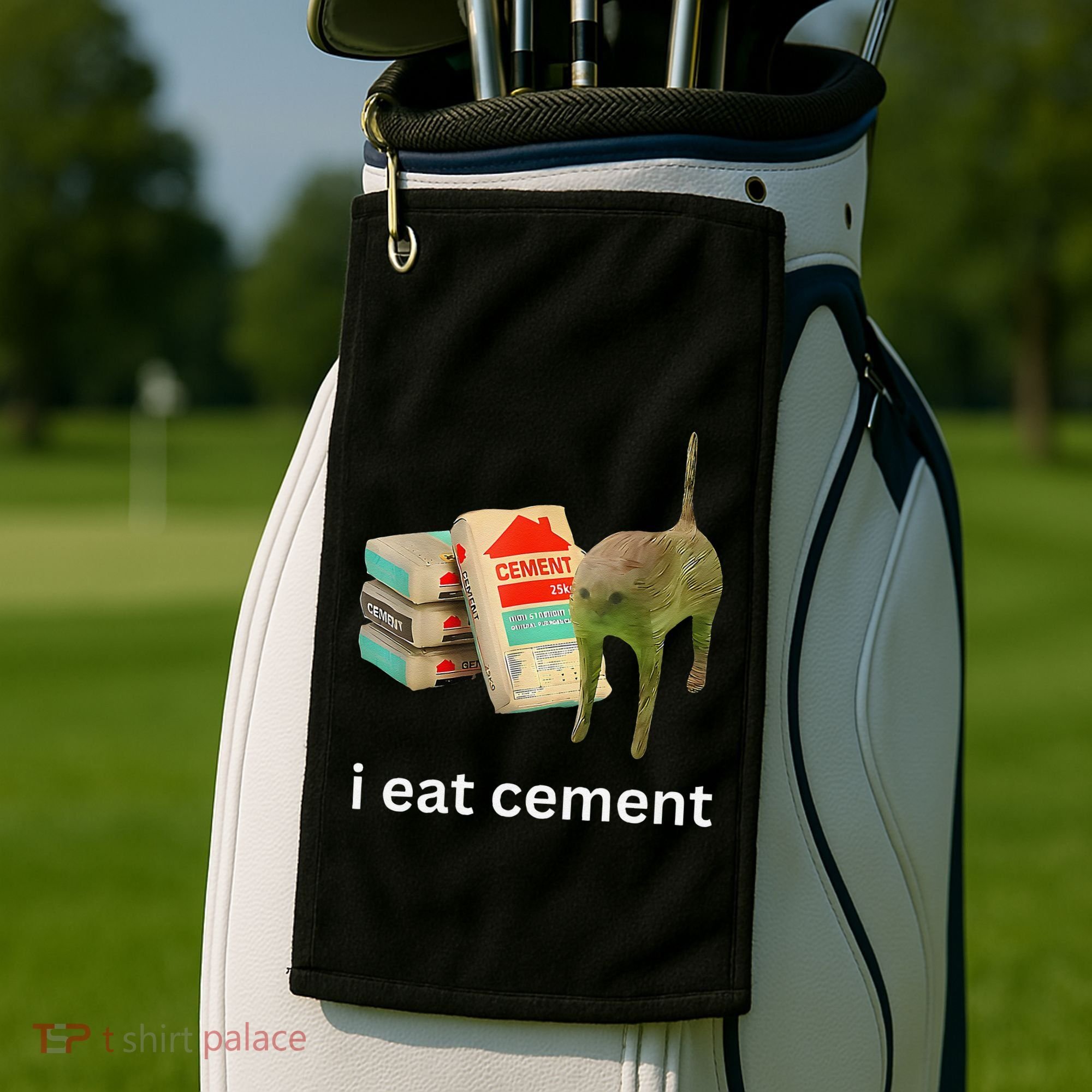 I Eat Funny Cement Cat Cursed Meme Golf Towel