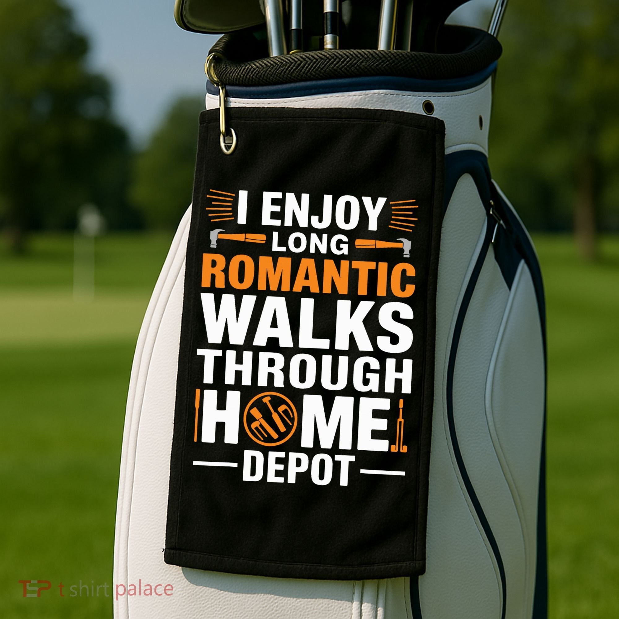 I Enjoy Long Romantic Walks Through Home Depot Funny Golf Towel