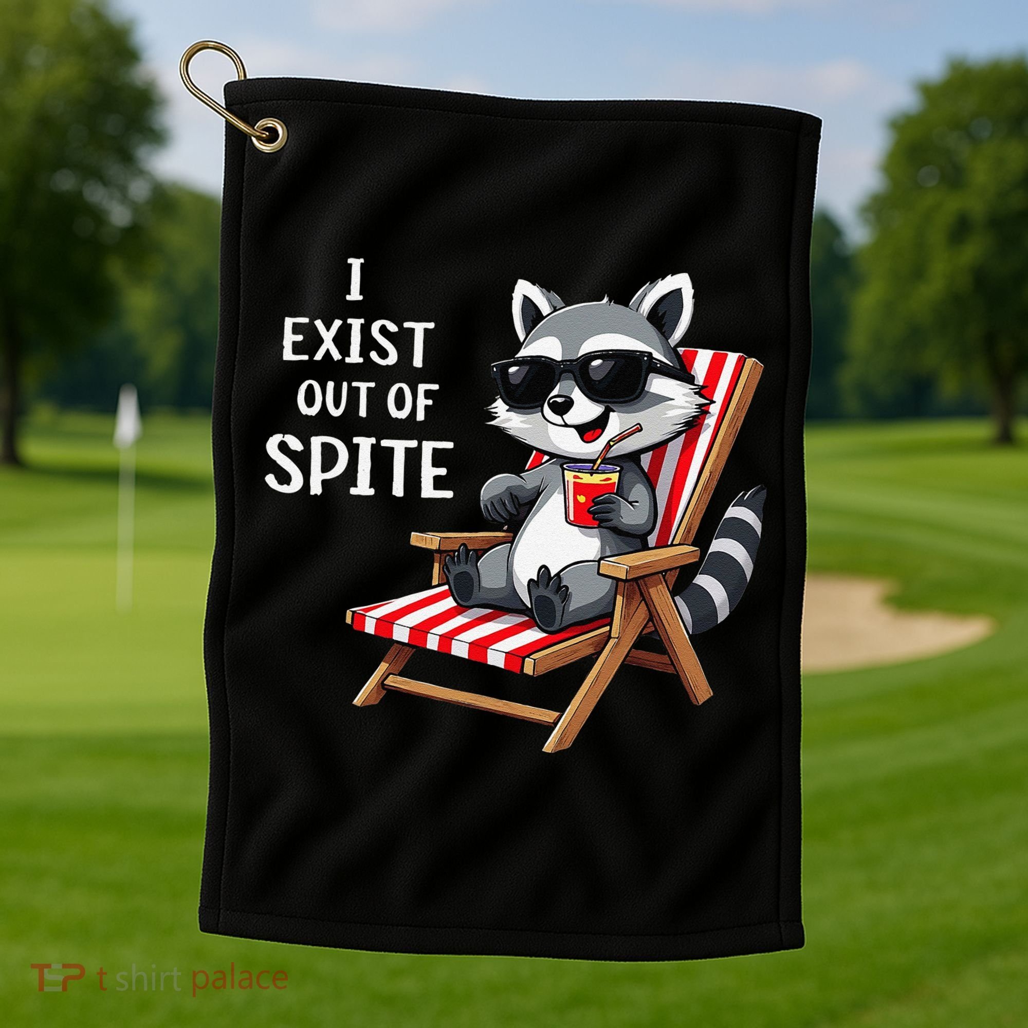 I Exist Out Of Spite Funny Raccoon Sunglasses Gift Golf Towel