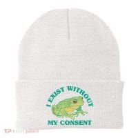 I Exist Without My Consent Frog Funny Meme Beanie thumb 0