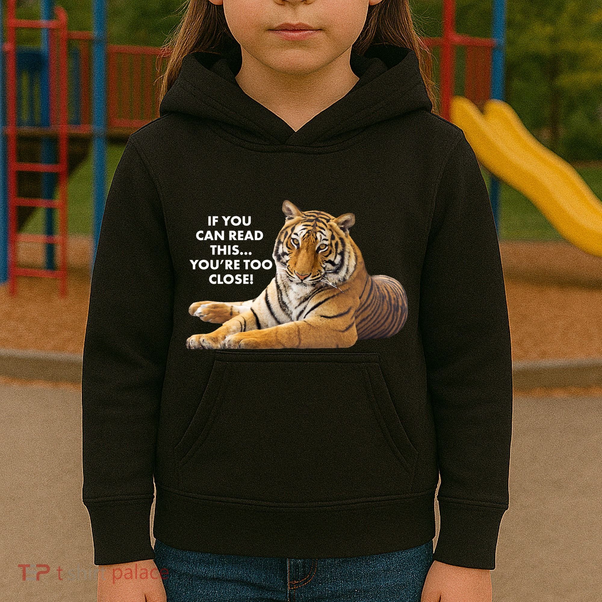 If You Can Read This You're Too Close Funny Tiger Kids Hoodie
