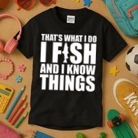 I Fish and I Know Things Fishing Fisherman Father’s Day Gift Kids T-Shirt thumb 3