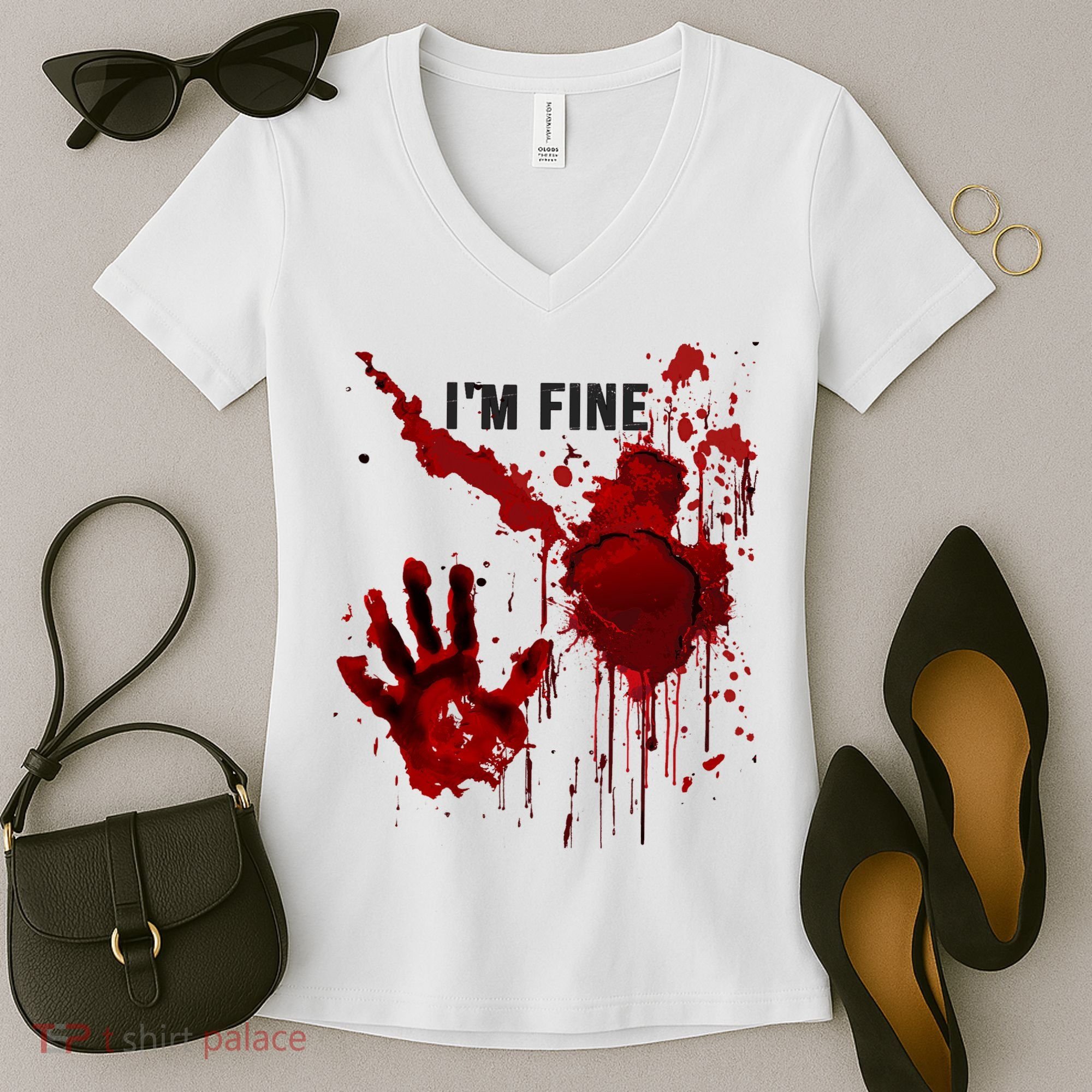 Im Fine Bloody Hand Bloodstained Blood Splatter Halloween Women's V-Neck T-Shirt