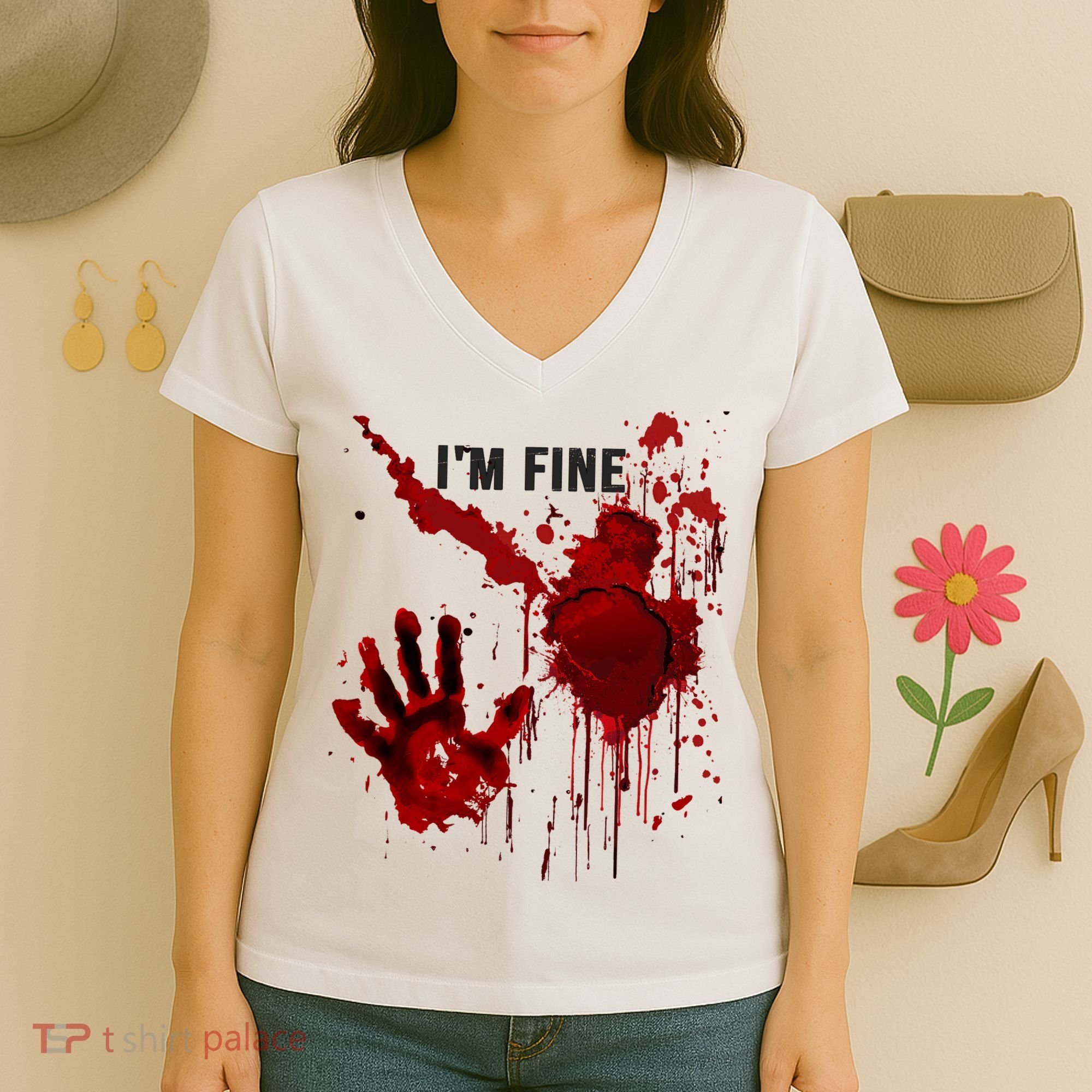 Im Fine Bloody Hand Bloodstained Blood Splatter Halloween Women's V-Neck T-Shirt