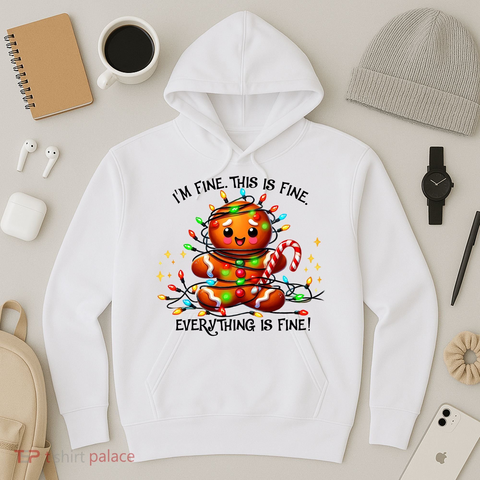 IM Fine Everything Is Fine Gingerbread Christmas Lights Hoodie