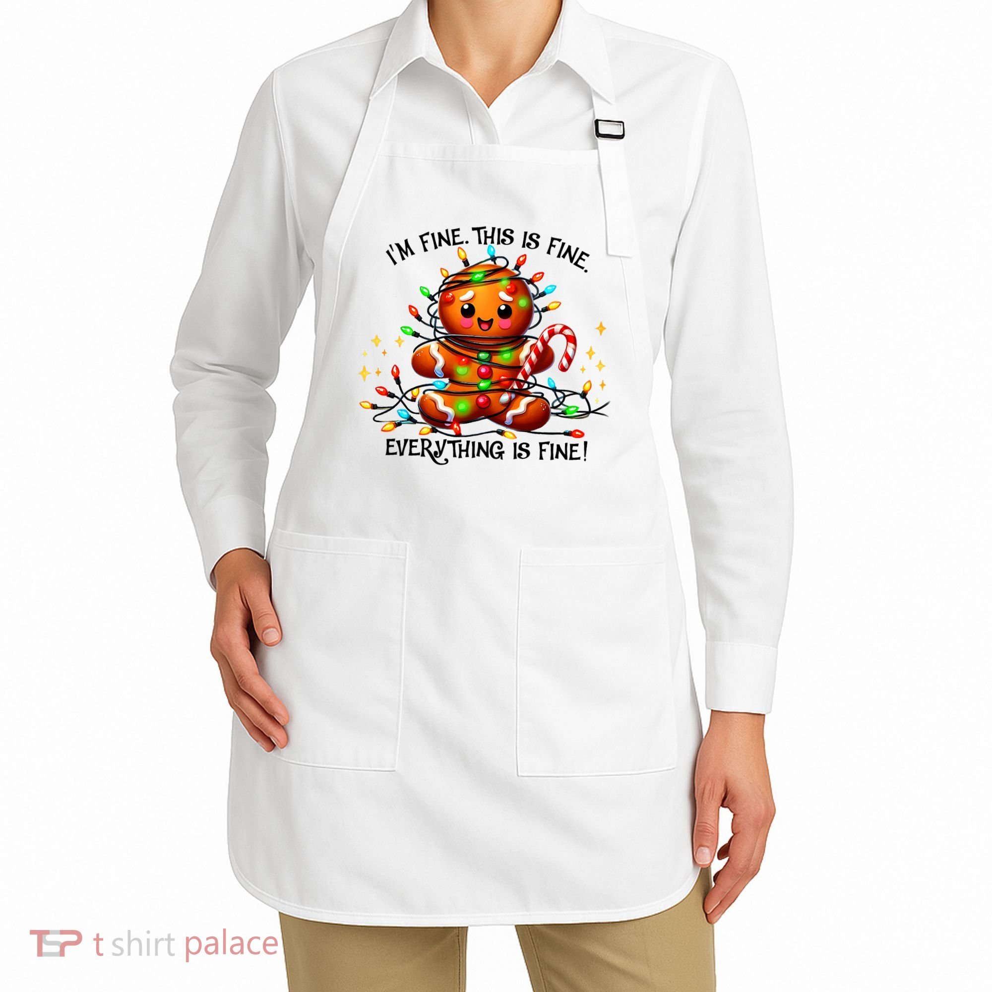 IM Fine Everything Is Fine Gingerbread Christmas Lights Apron