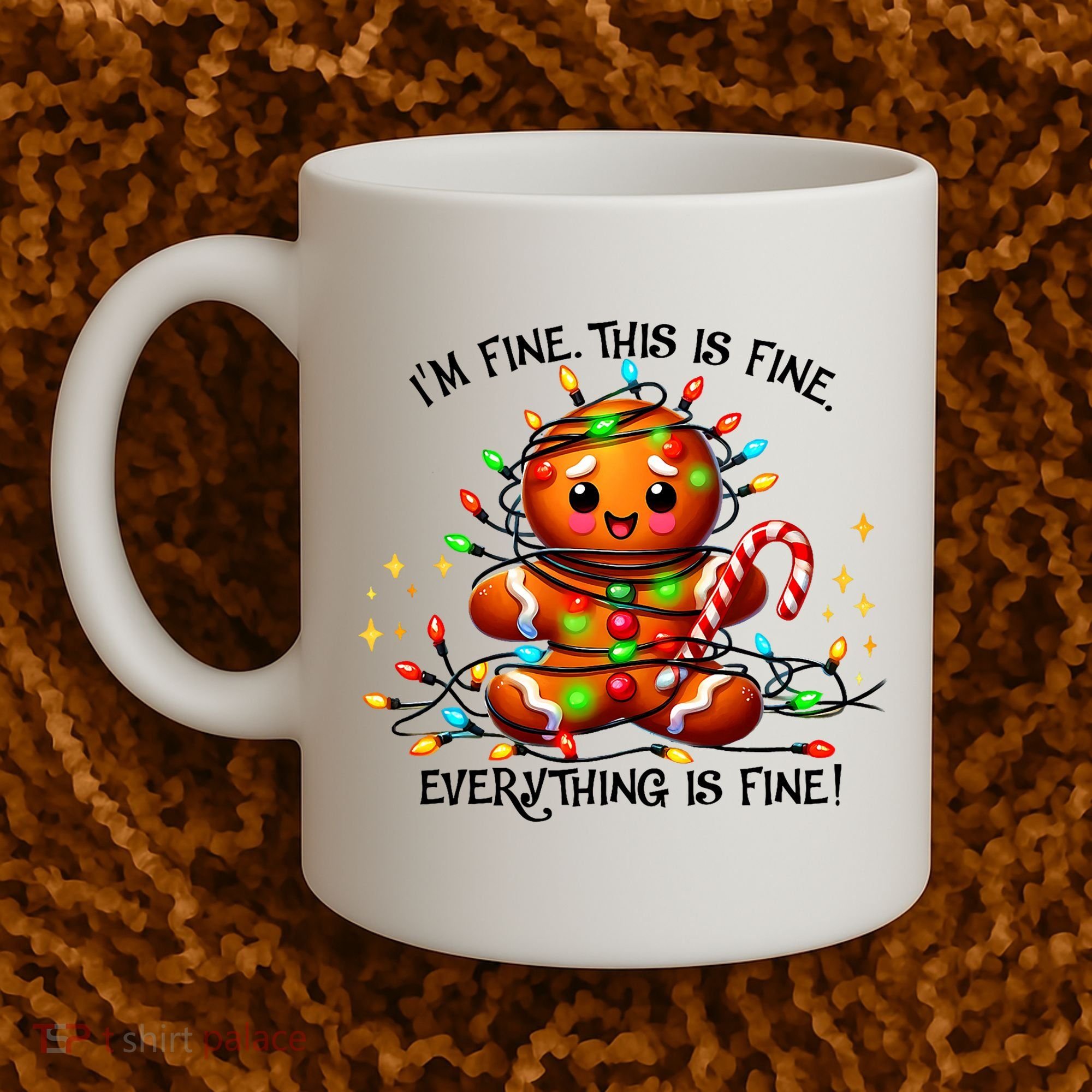 IM Fine Everything Is Fine Gingerbread Christmas Lights Coffee Mug