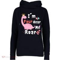 I'm Four Hear Me Roar Dinosaur 4th Birthday Party Womens Funnel Neck Pullover Hood thumb 0