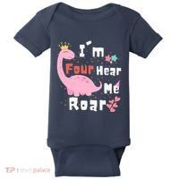 I'm Four Hear Me Roar Dinosaur 4th Birthday Party Baby Bodysuit thumb 0