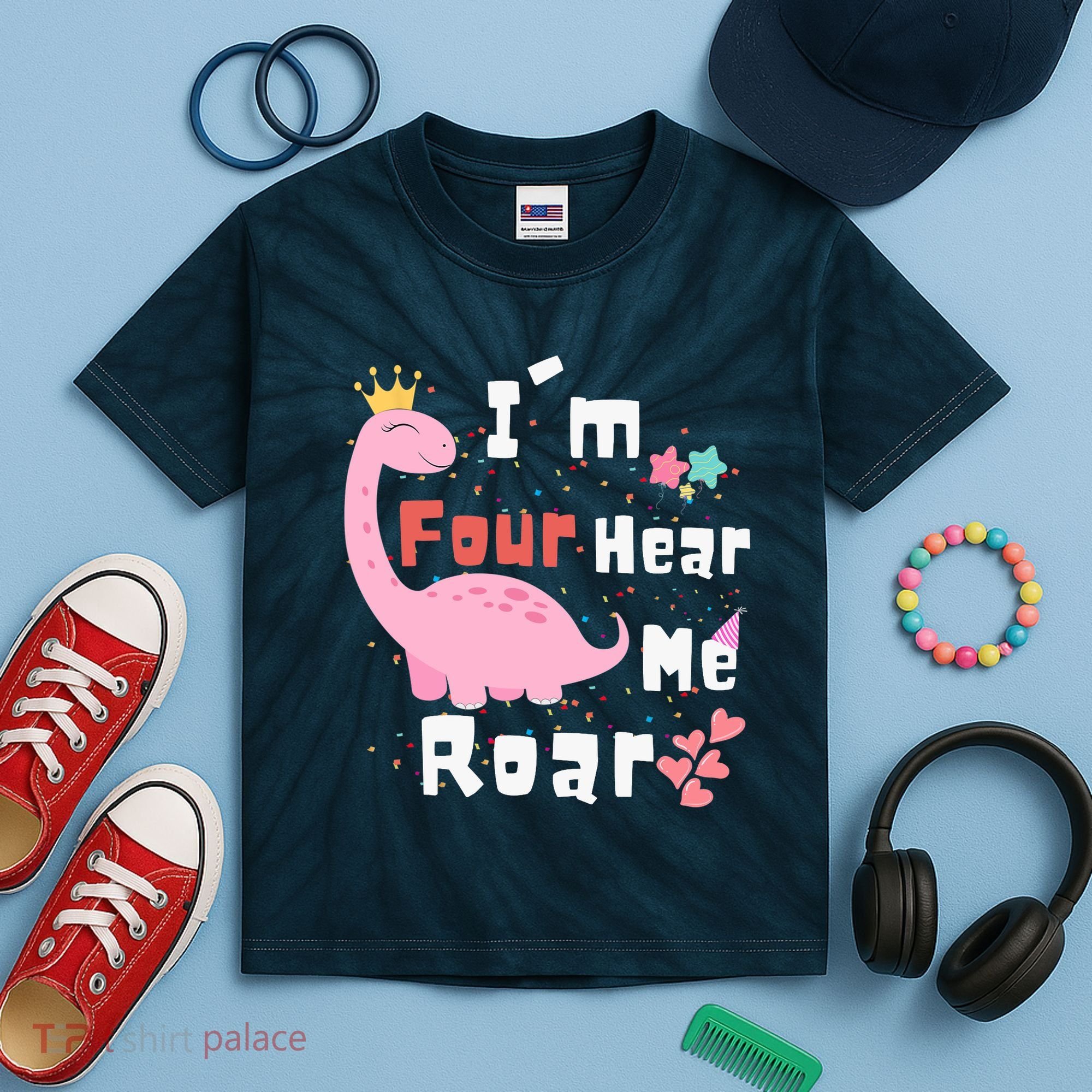 I'm Four Hear Me Roar Dinosaur 4th Birthday Party Kids Tie-Dye T-Shirt