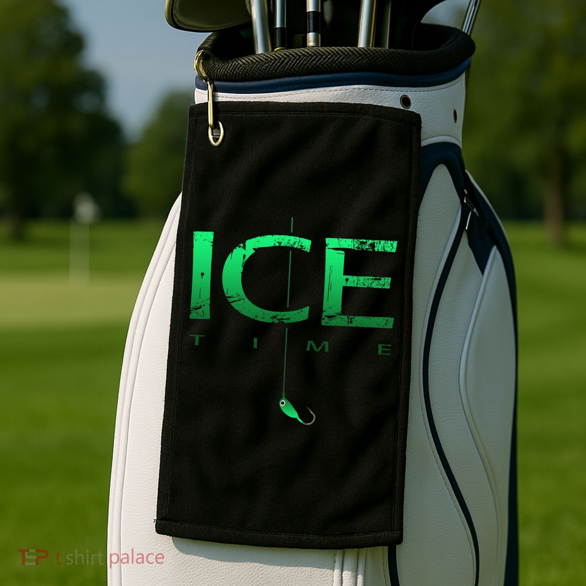 Ice Fishing - Ice Time with Ice Jig - Ice Fisherman Golf Towel