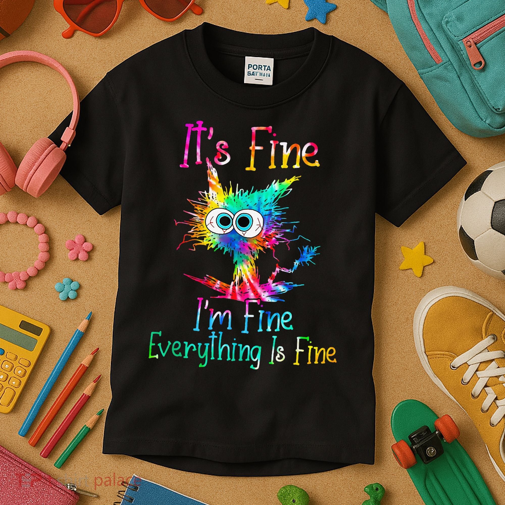 Its Fine Im Fine Everythings Fine Funny Cat Tie Dye Kids T-Shirt