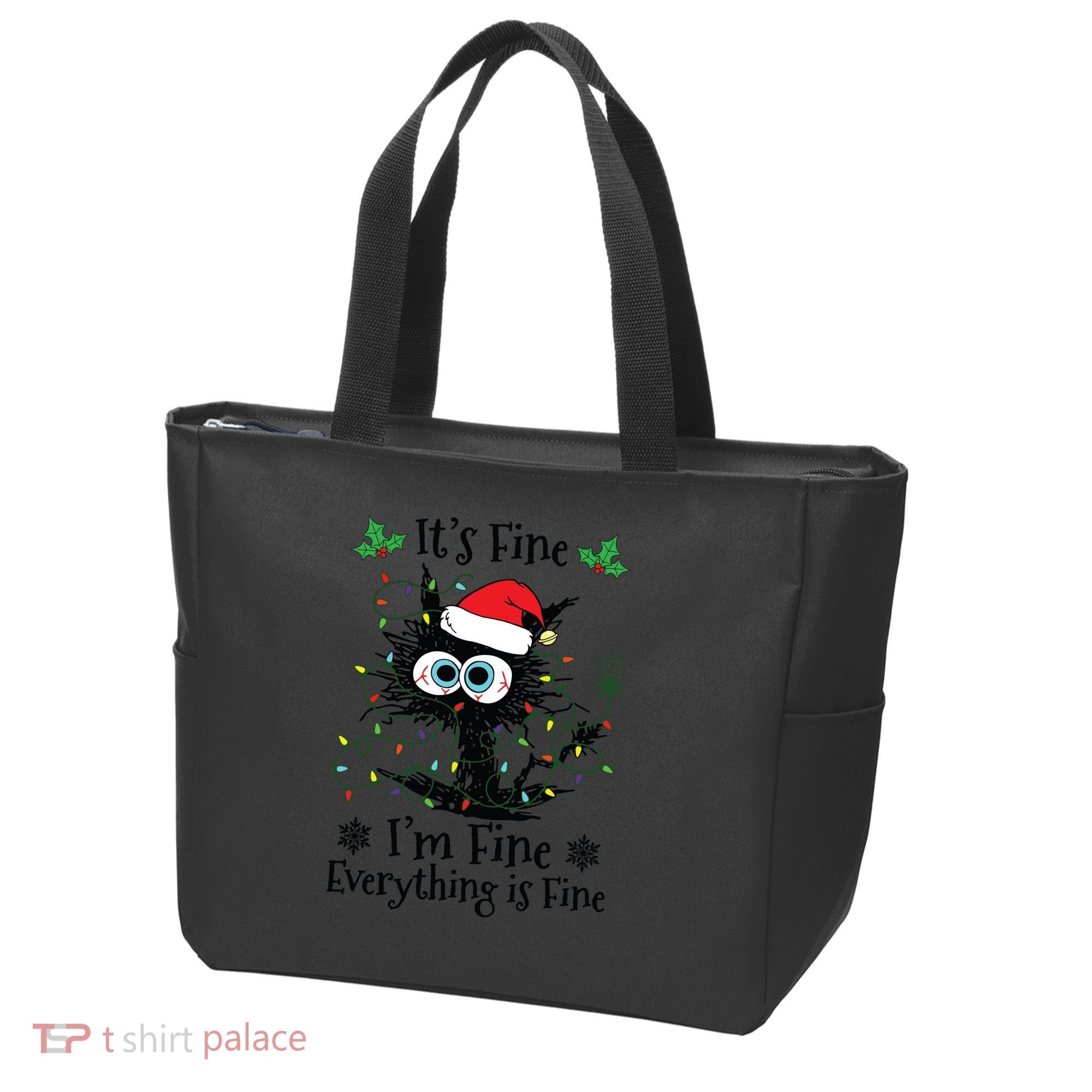 Its Fine Im Fine Everything Is Fine Cat Christmas Lights Tote Bag