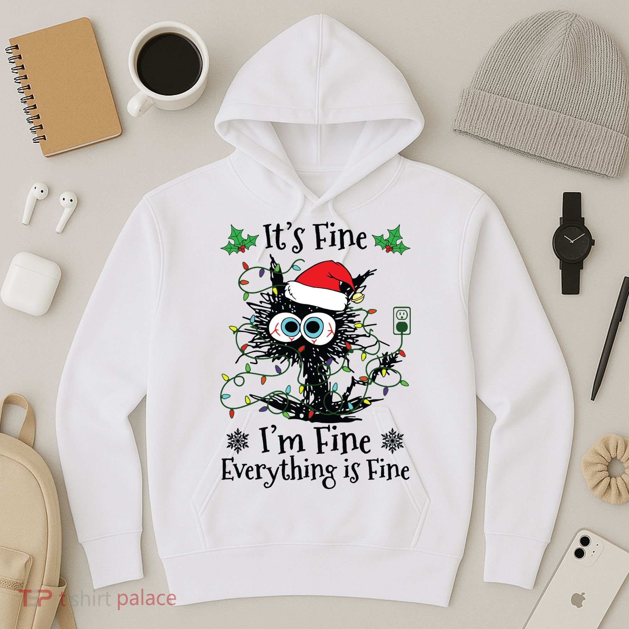 Its Fine Im Fine Everything Is Fine Cat Christmas Lights Hoodie