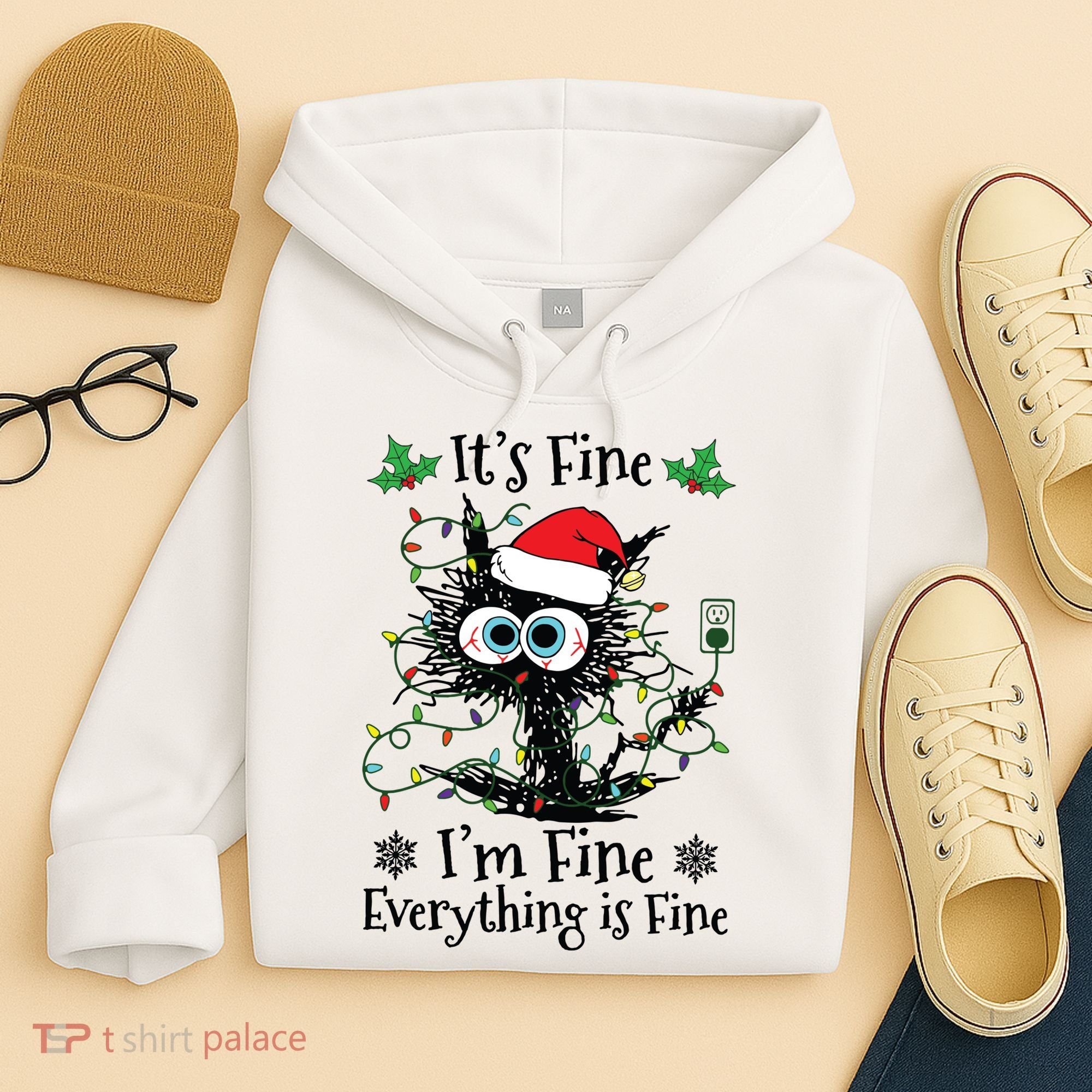 Its Fine Im Fine Everything Is Fine Cat Christmas Lights Hoodie