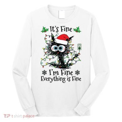 Its Fine Im Fine Everything Is Fine Cat Christmas Lights Long Sleeve Shirt