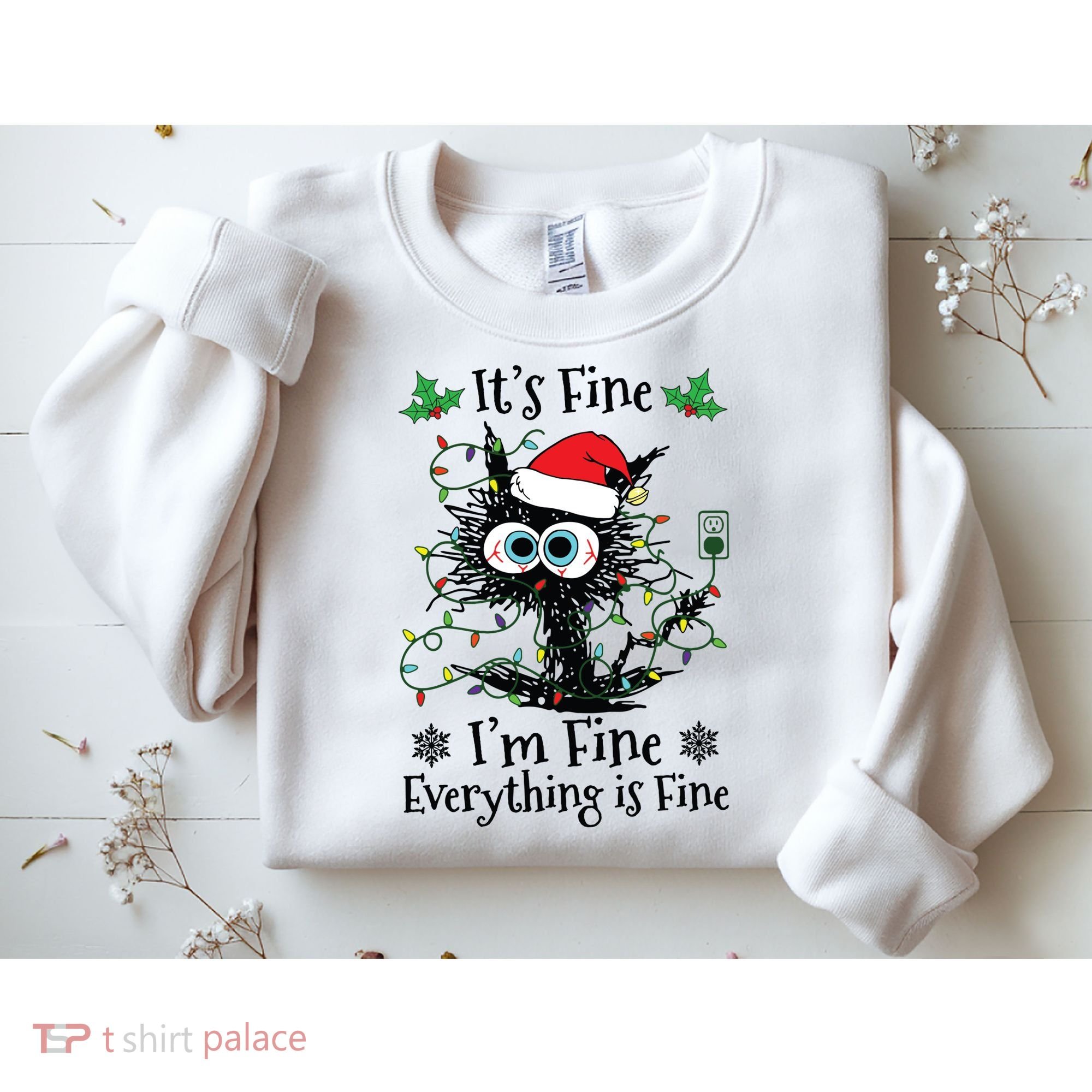 Its Fine Im Fine Everything Is Fine Cat Christmas Lights Sweatshirt