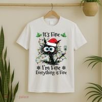 Its Fine Im Fine Everything Is Fine Cat Christmas Lights T-Shirt thumb 2