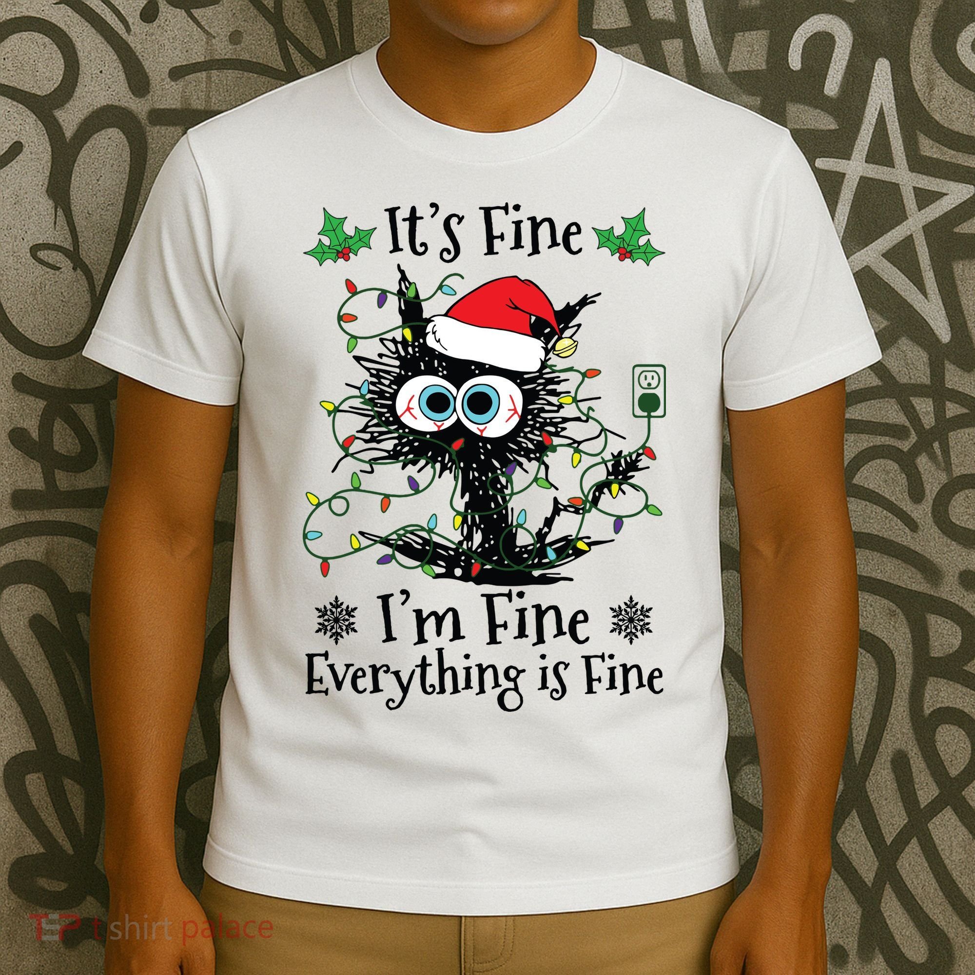 Its Fine Im Fine Everything Is Fine Cat Christmas Lights T-Shirt