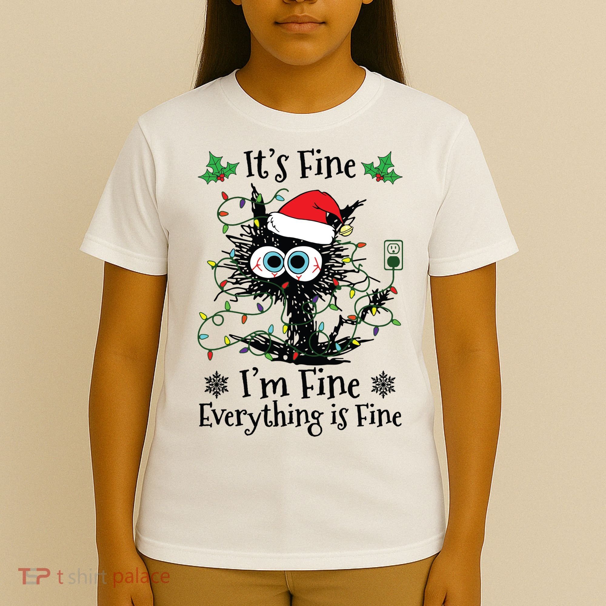 Its Fine Im Fine Everything Is Fine Cat Christmas Lights T-Shirt
