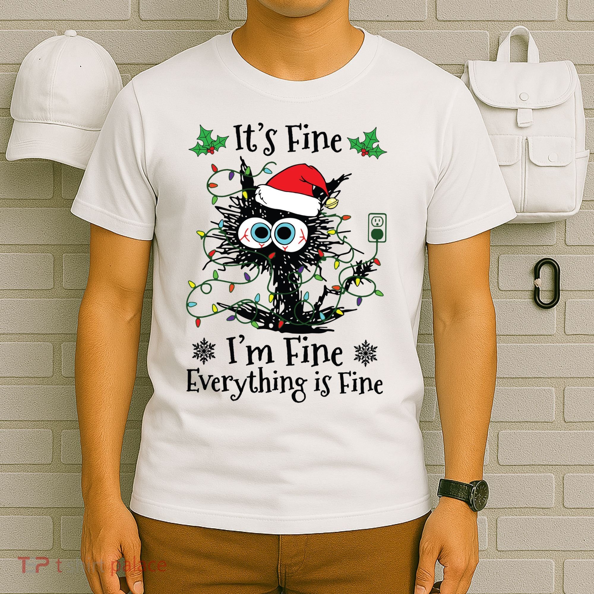Its Fine Im Fine Everything Is Fine Cat Christmas Lights T-Shirt