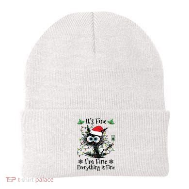 Its Fine Im Fine Everything Is Fine Cat Christmas Lights Beanie