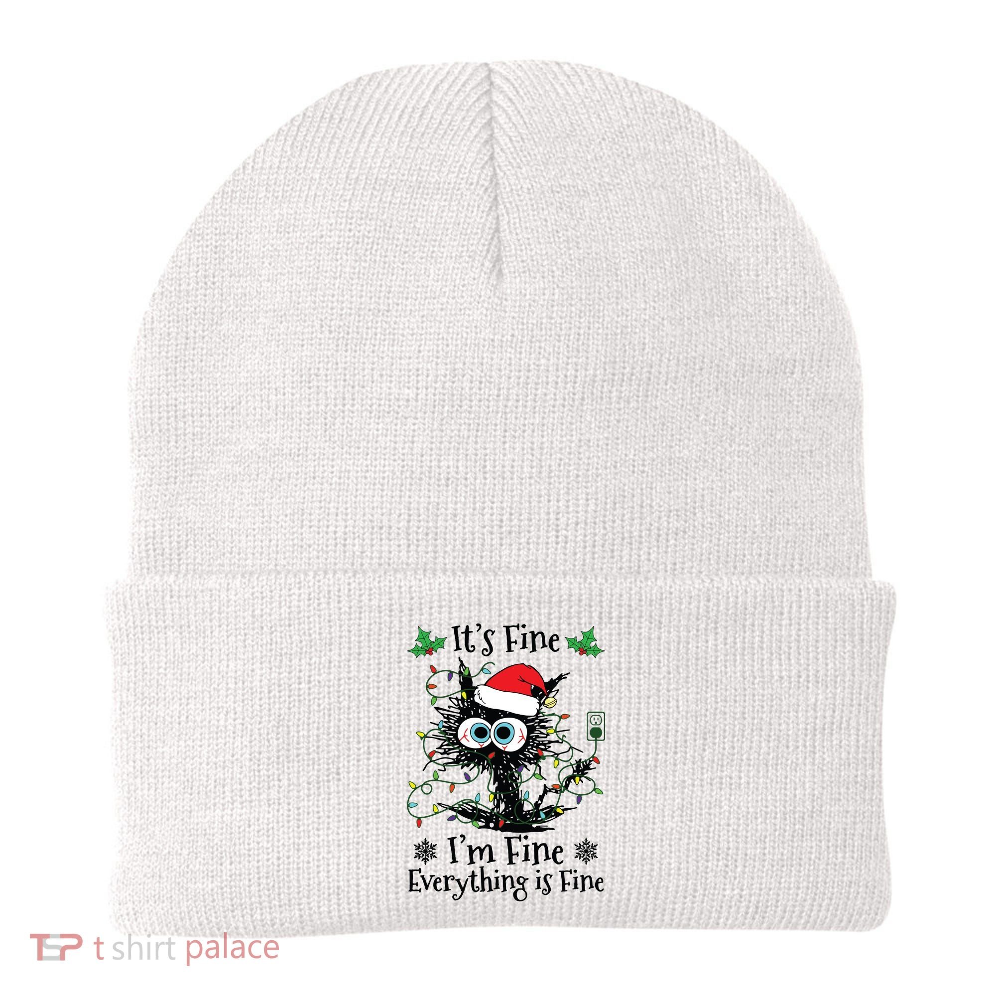 Its Fine Im Fine Everything Is Fine Cat Christmas Lights Beanie