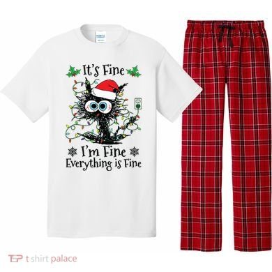Its Fine Im Fine Everything Is Fine Cat Christmas Lights Pajama Set