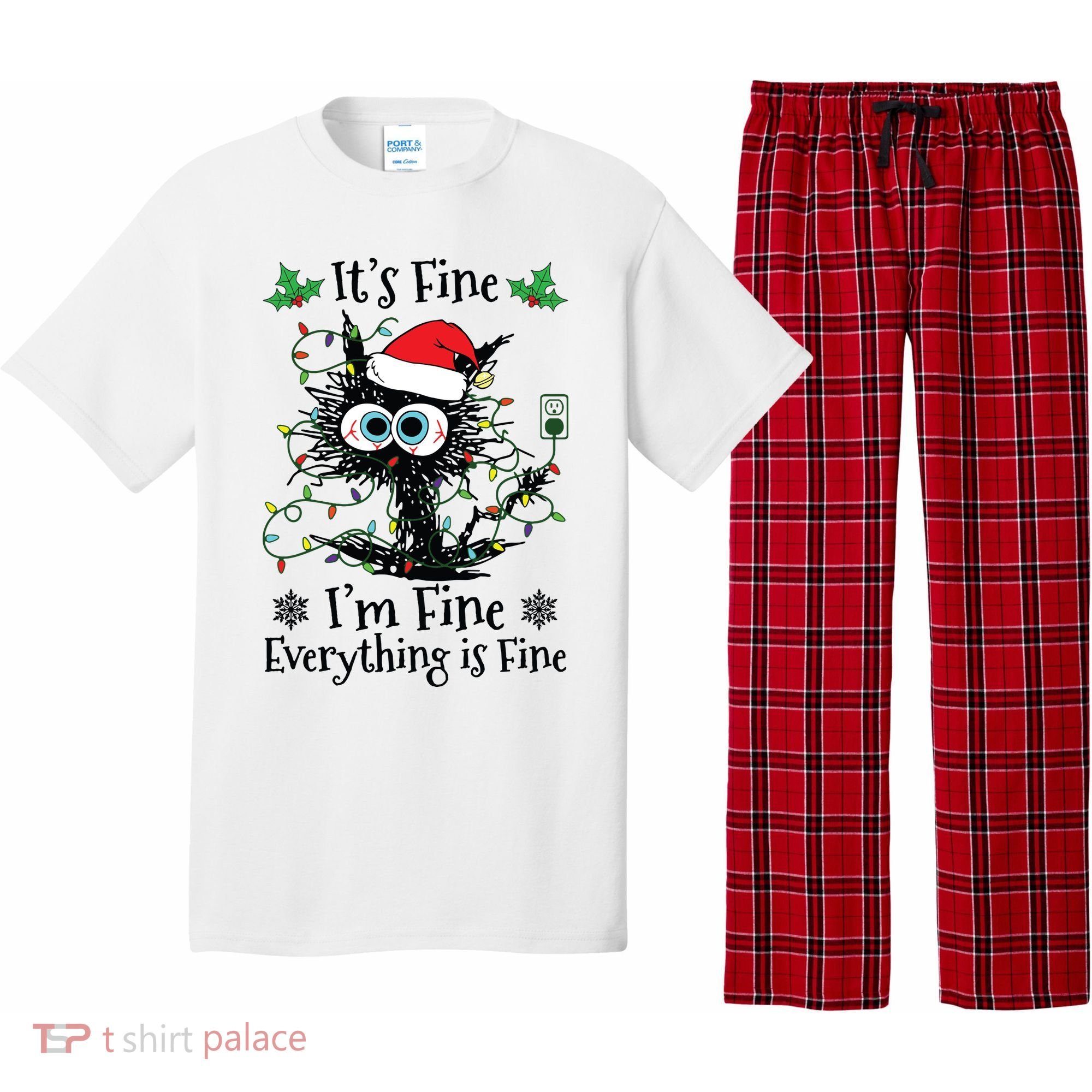 Its Fine Im Fine Everything Is Fine Cat Christmas Lights Pajama Set