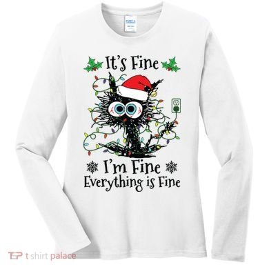 Its Fine Im Fine Everything Is Fine Cat Christmas Lights Women's Long Sleeve Shirt