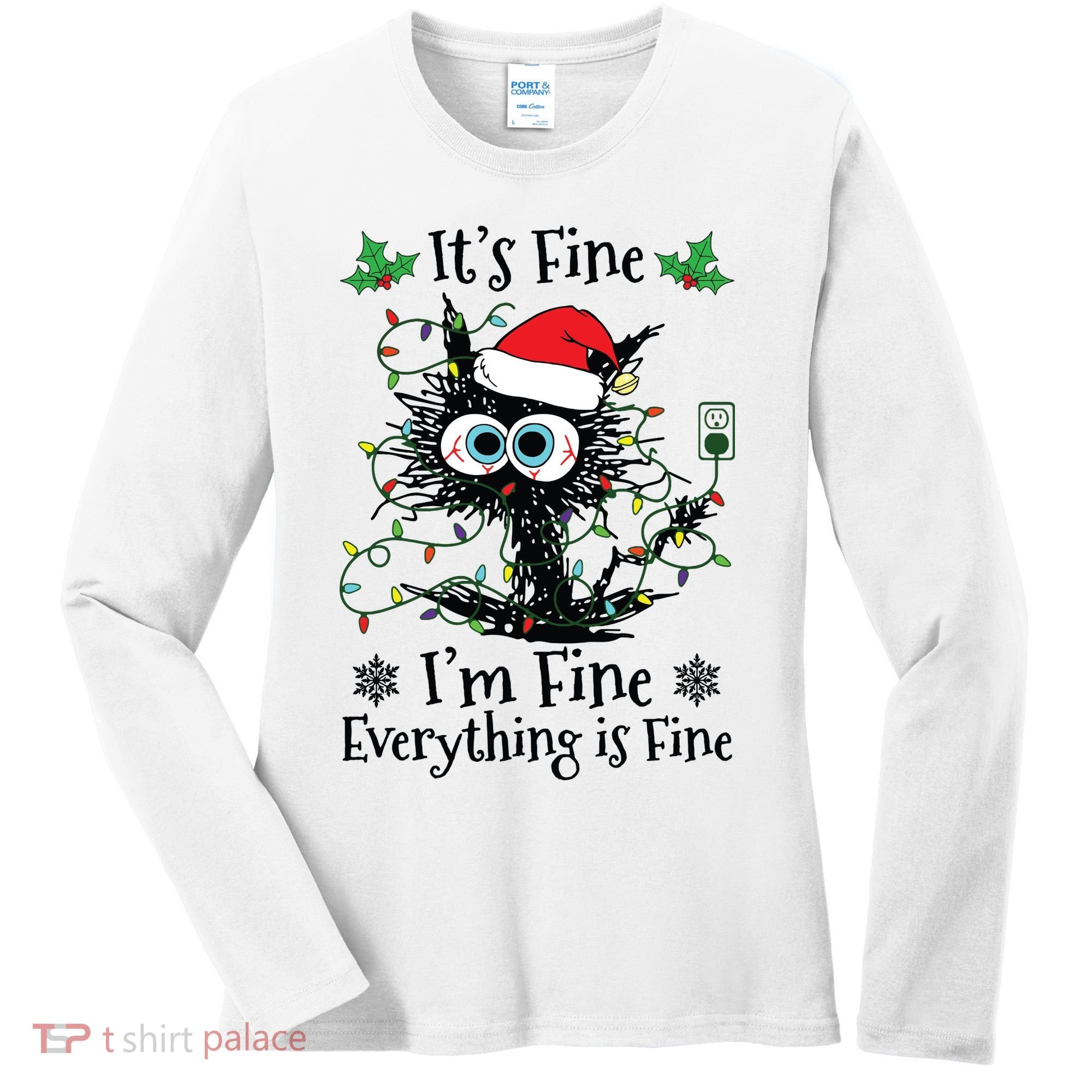 Its Fine Im Fine Everything Is Fine Cat Christmas Lights Women's Long Sleeve Shirt
