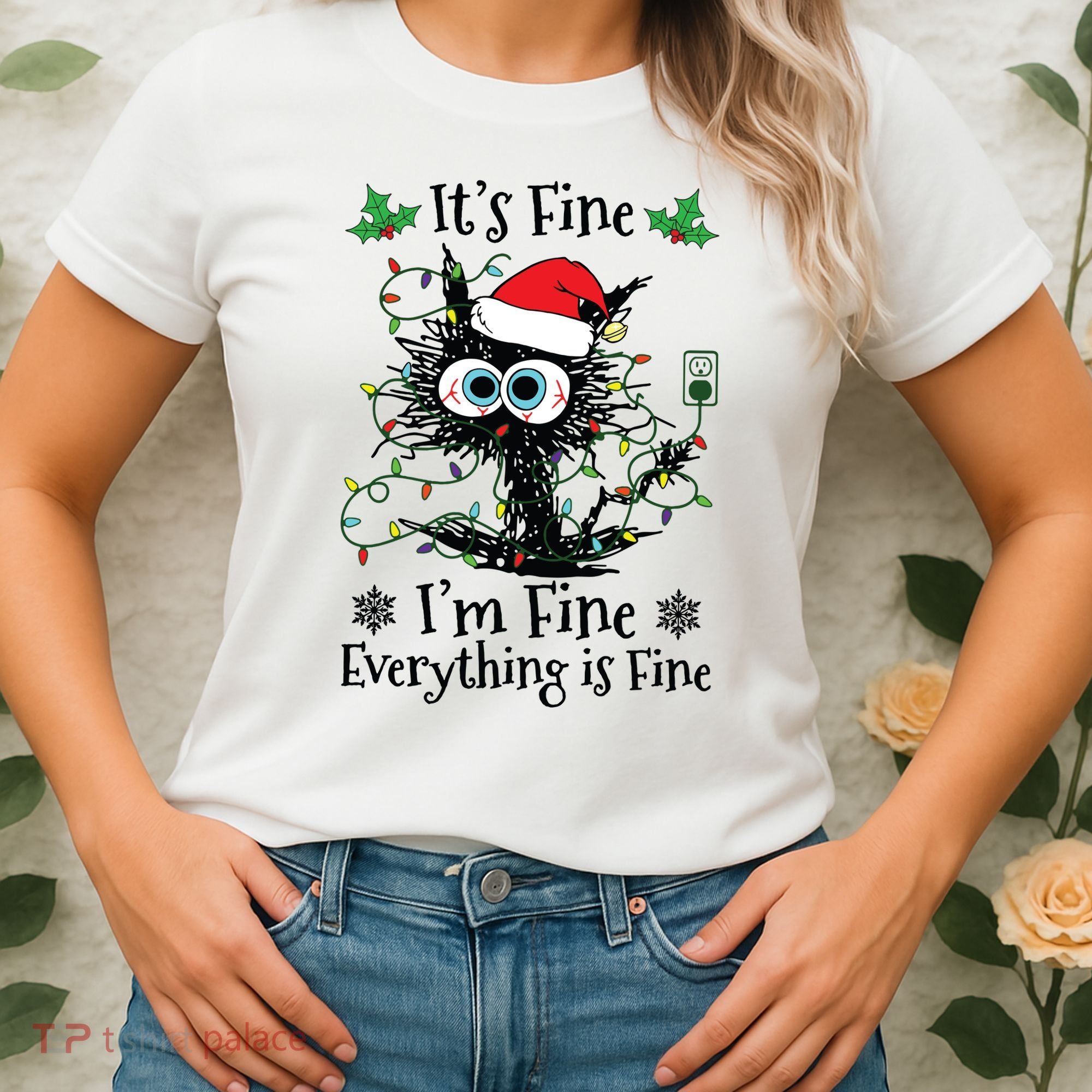 Its Fine Im Fine Everything Is Fine Cat Christmas Lights Women's T-Shirt