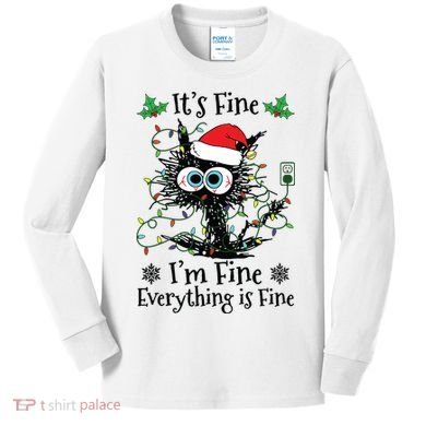 Its Fine Im Fine Everything Is Fine Cat Christmas Lights Kids Long Sleeve Shirt