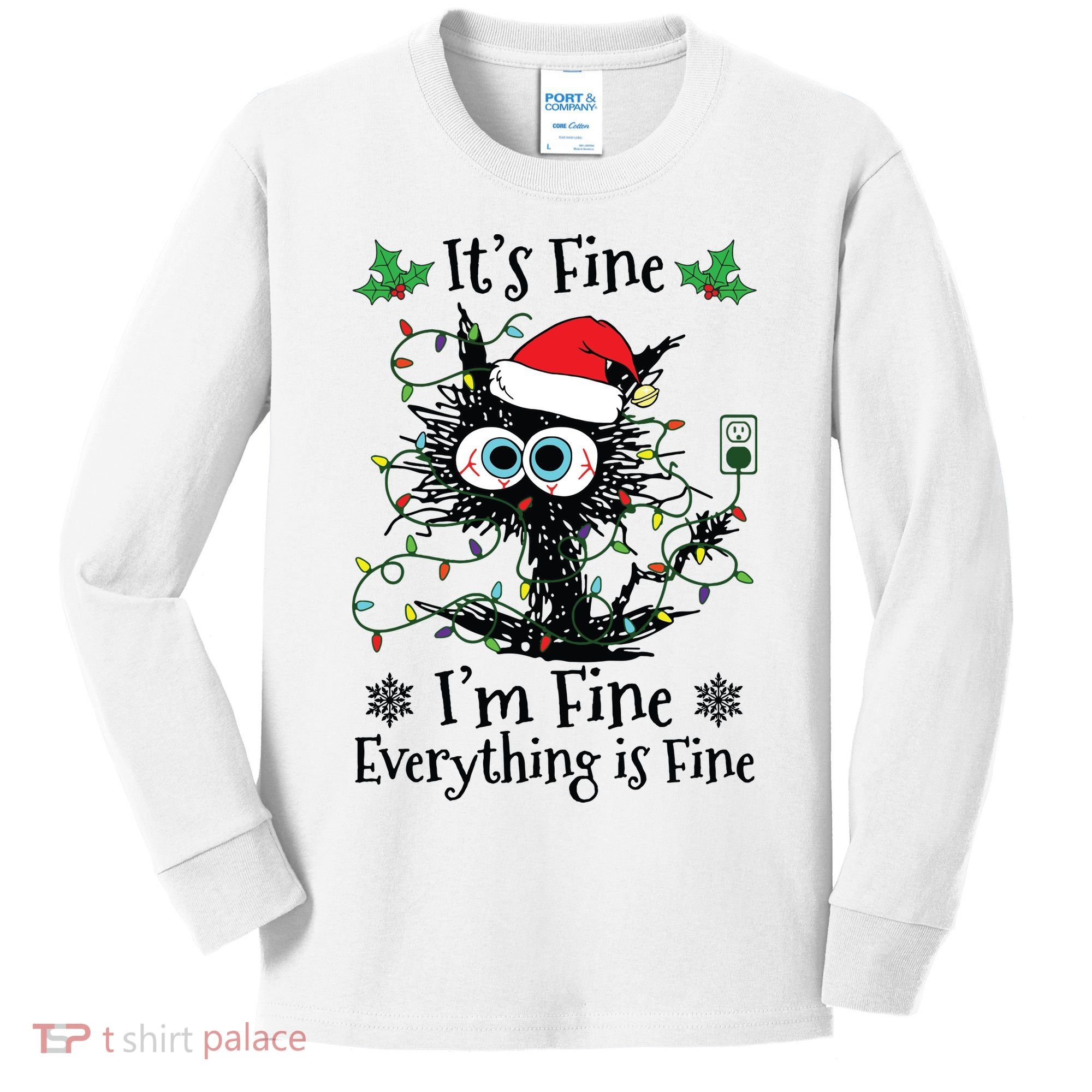 Its Fine Im Fine Everything Is Fine Cat Christmas Lights Kids Long Sleeve Shirt