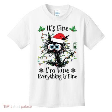 Its Fine Im Fine Everything Is Fine Cat Christmas Lights Kids T-Shirt