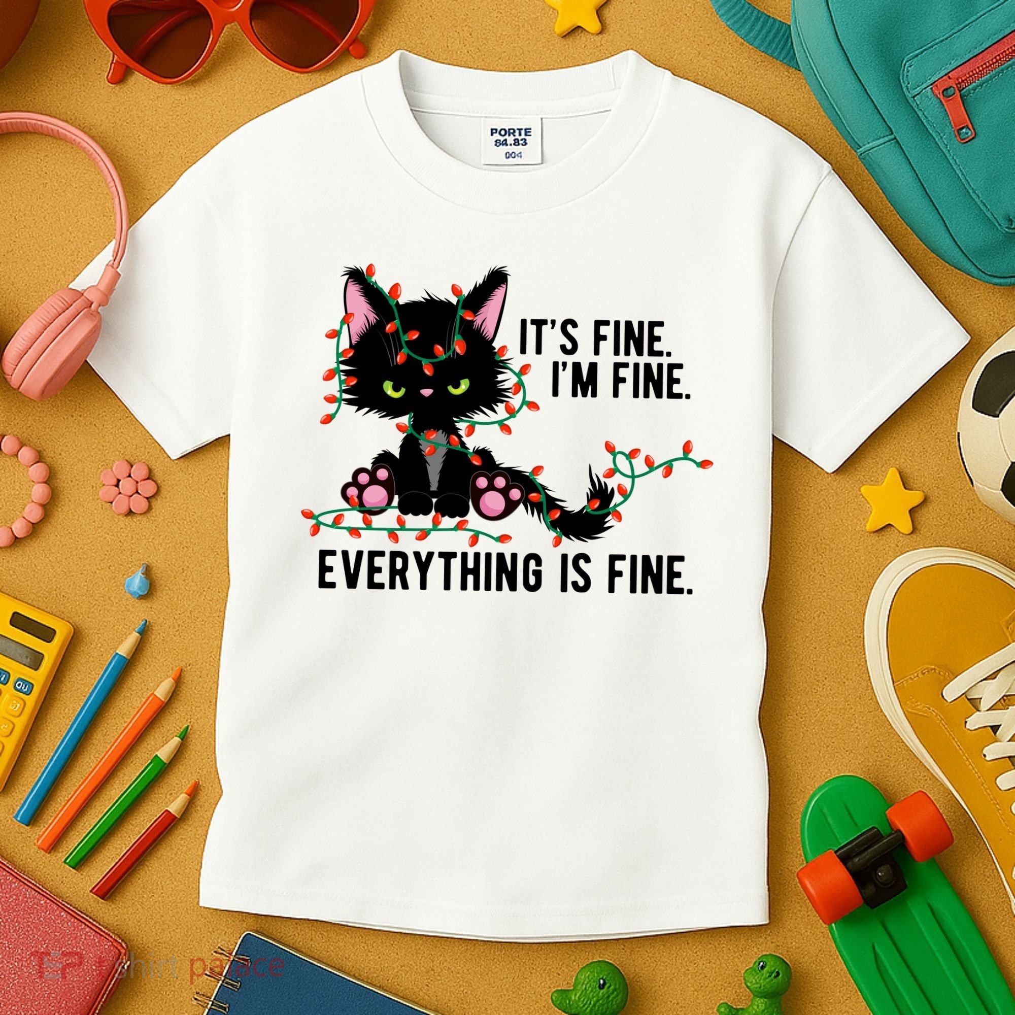 Its Fine Im Fine Everything Is Funny Cat Christmas Kids T-Shirt