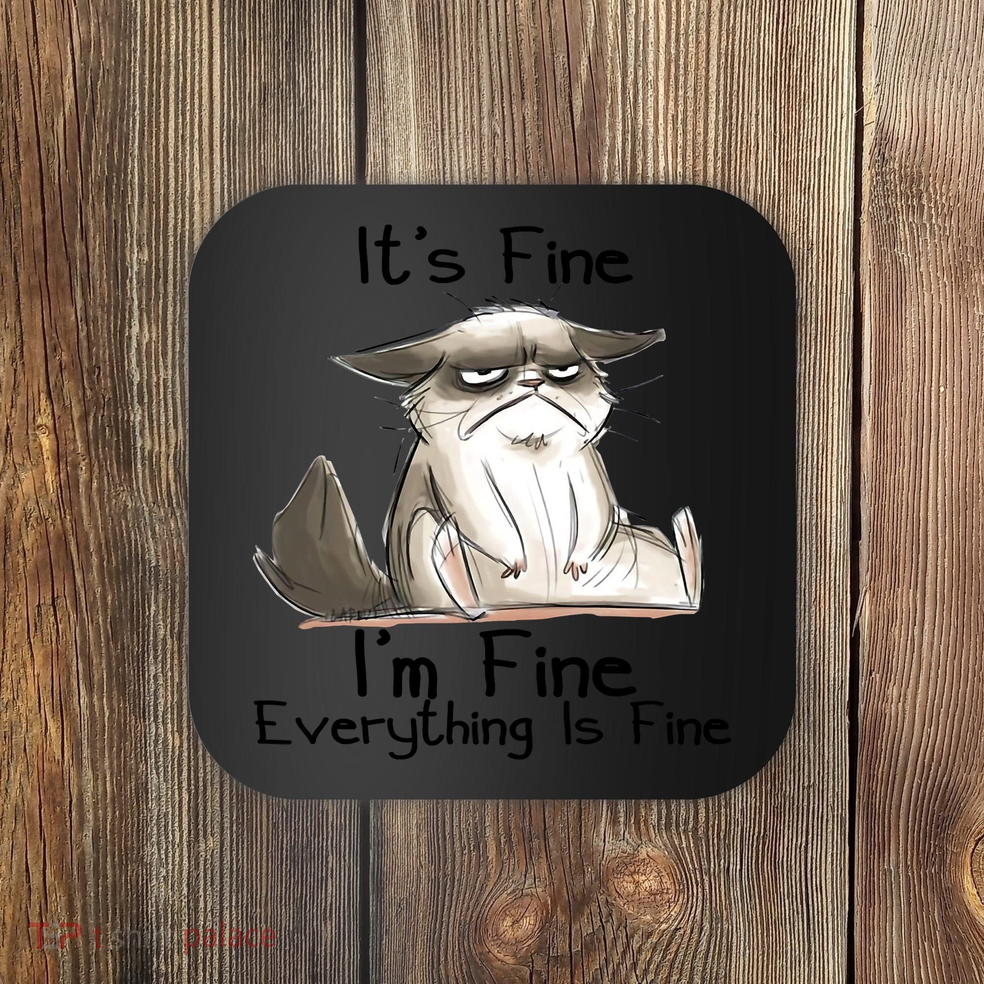 It's Fine I'm Fine Everything Is Fine Angry Cat Funny Quote Coaster