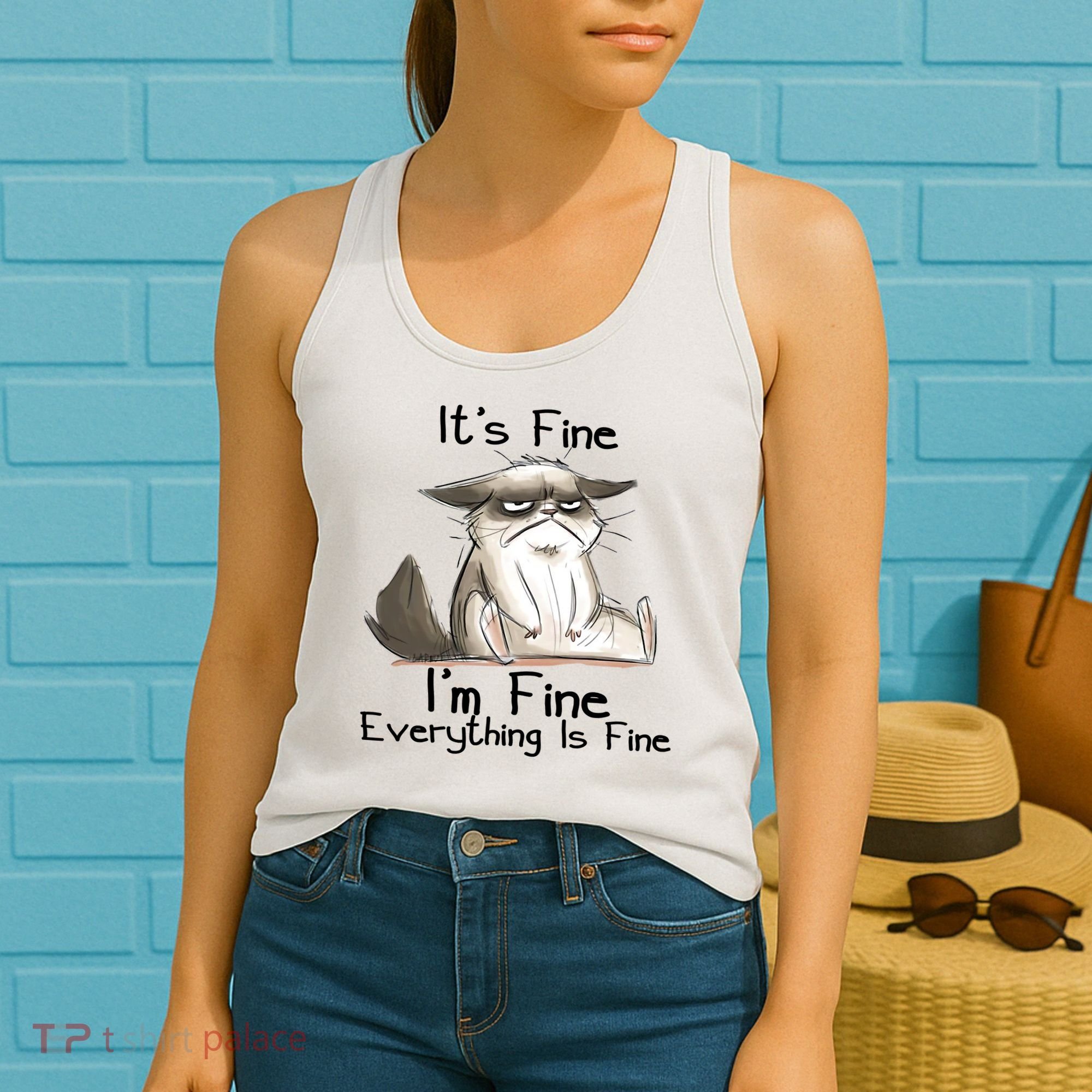 It's Fine I'm Fine Everything Is Fine Angry Cat Funny Quote Women's Tank Top