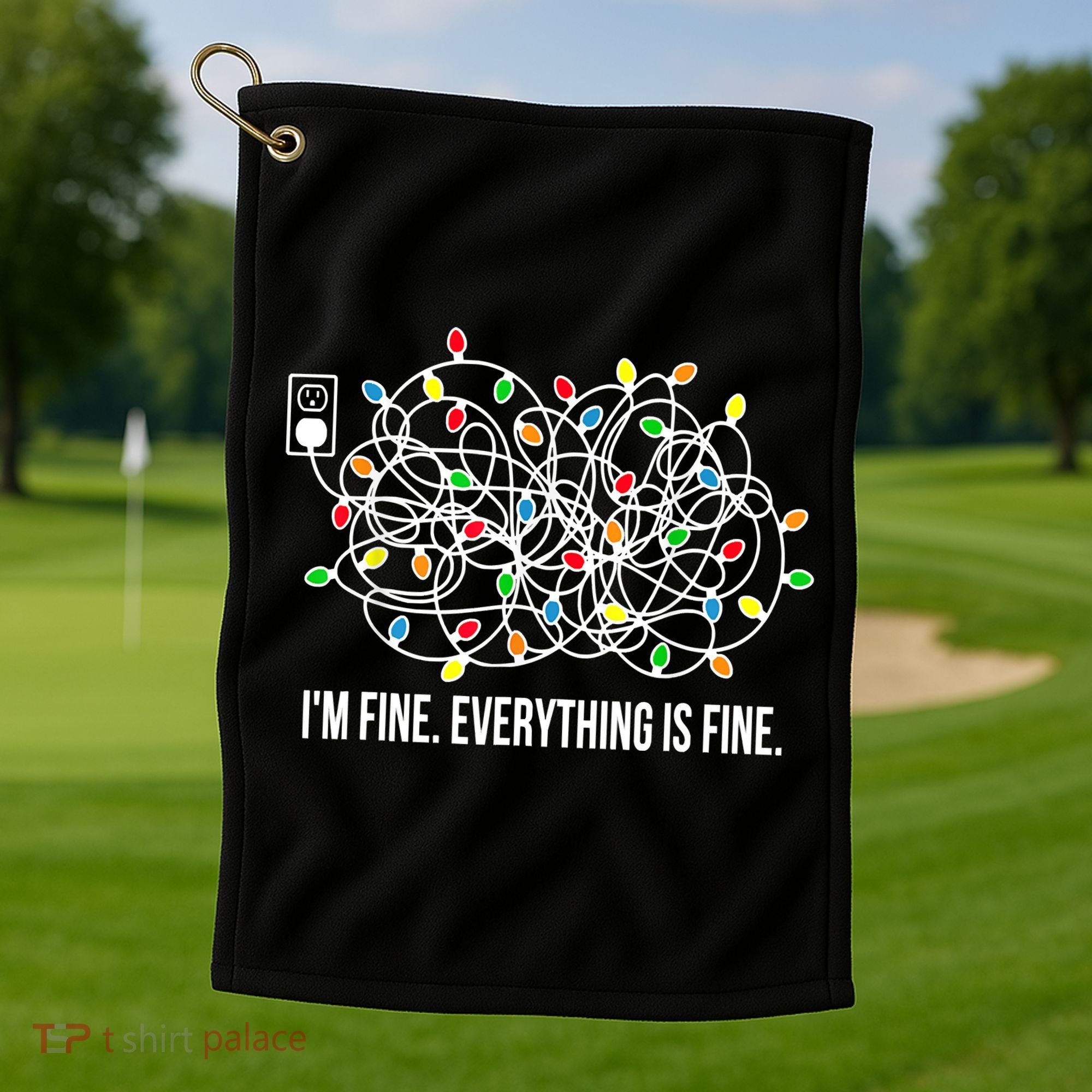 It's Fine I'm Fine Everything Is Fine Funny Christmas Lights Golf Towel