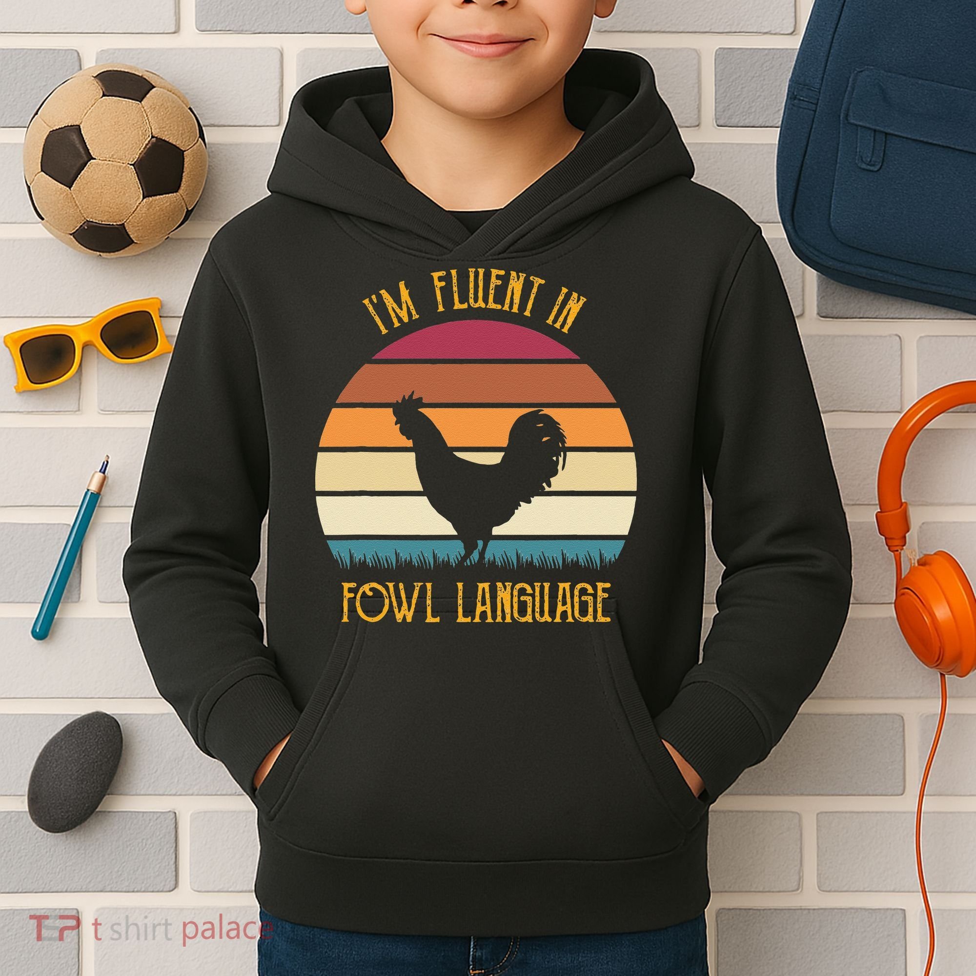 I'm Fluent In Fowl Language Retro Rooster Sunset Farmer Kids Hoodie