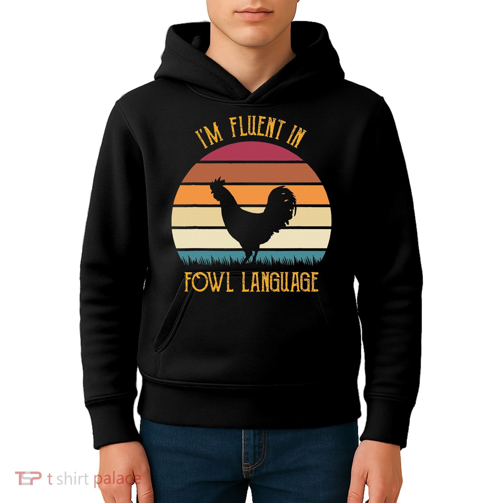 I'm Fluent In Fowl Language Retro Rooster Sunset Farmer Kids Hoodie