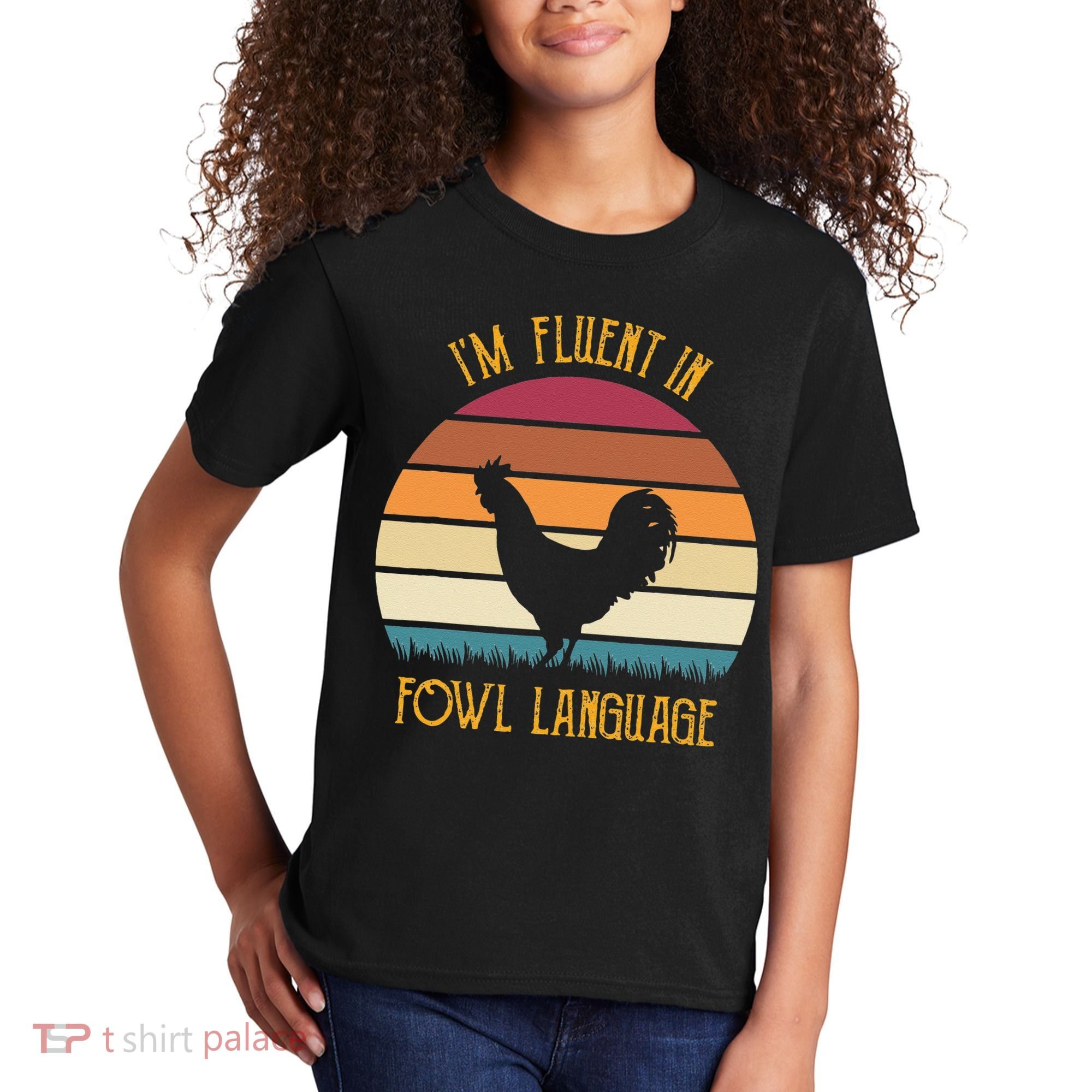 I'm Fluent In Fowl Language Retro Rooster Sunset Farmer Kids T-Shirt