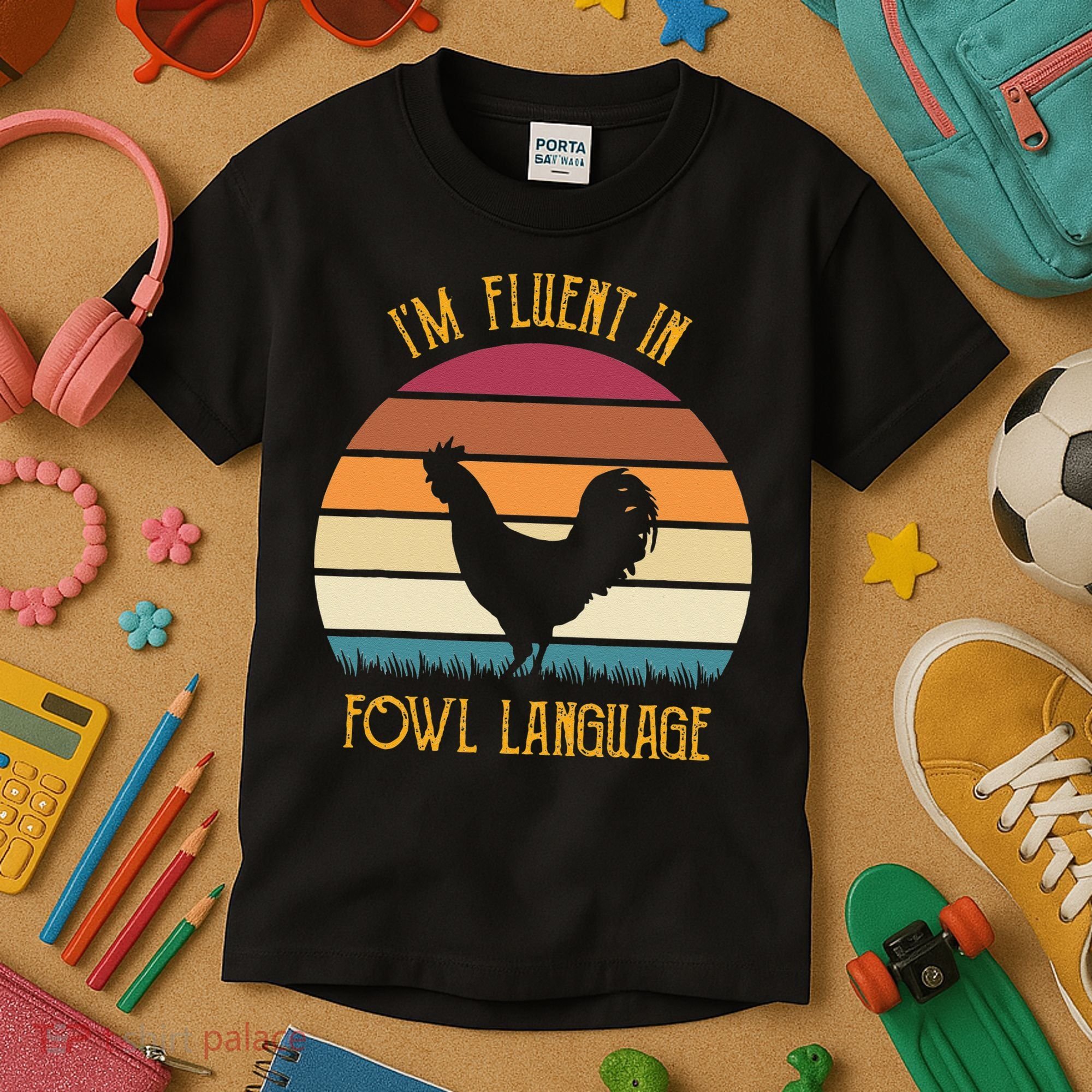 I'm Fluent In Fowl Language Retro Rooster Sunset Farmer Kids T-Shirt